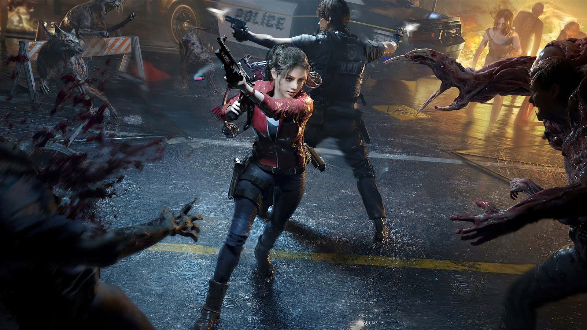Resident Evil 2 Claire Surrounded By Zombies Background