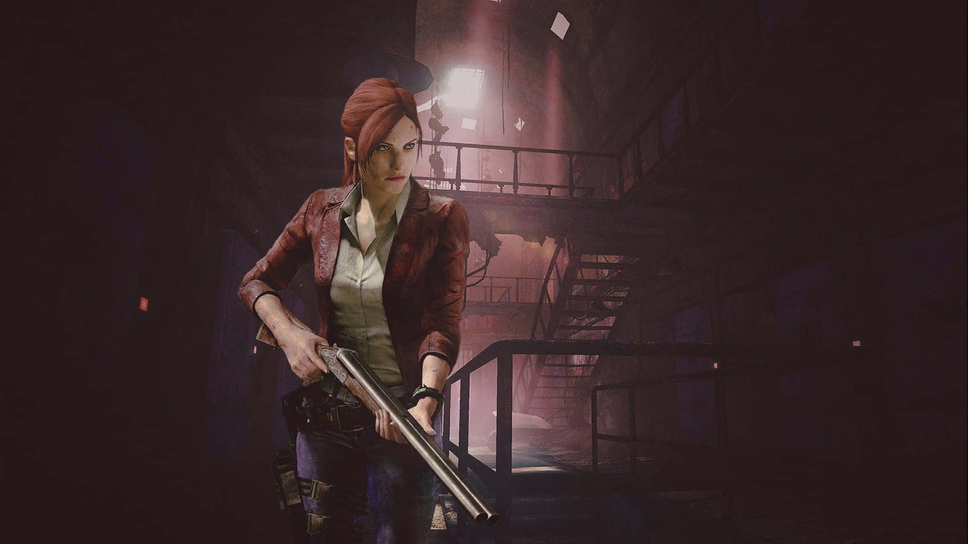 Resident Evil 2 Claire With Shotgun In Dark Building Background
