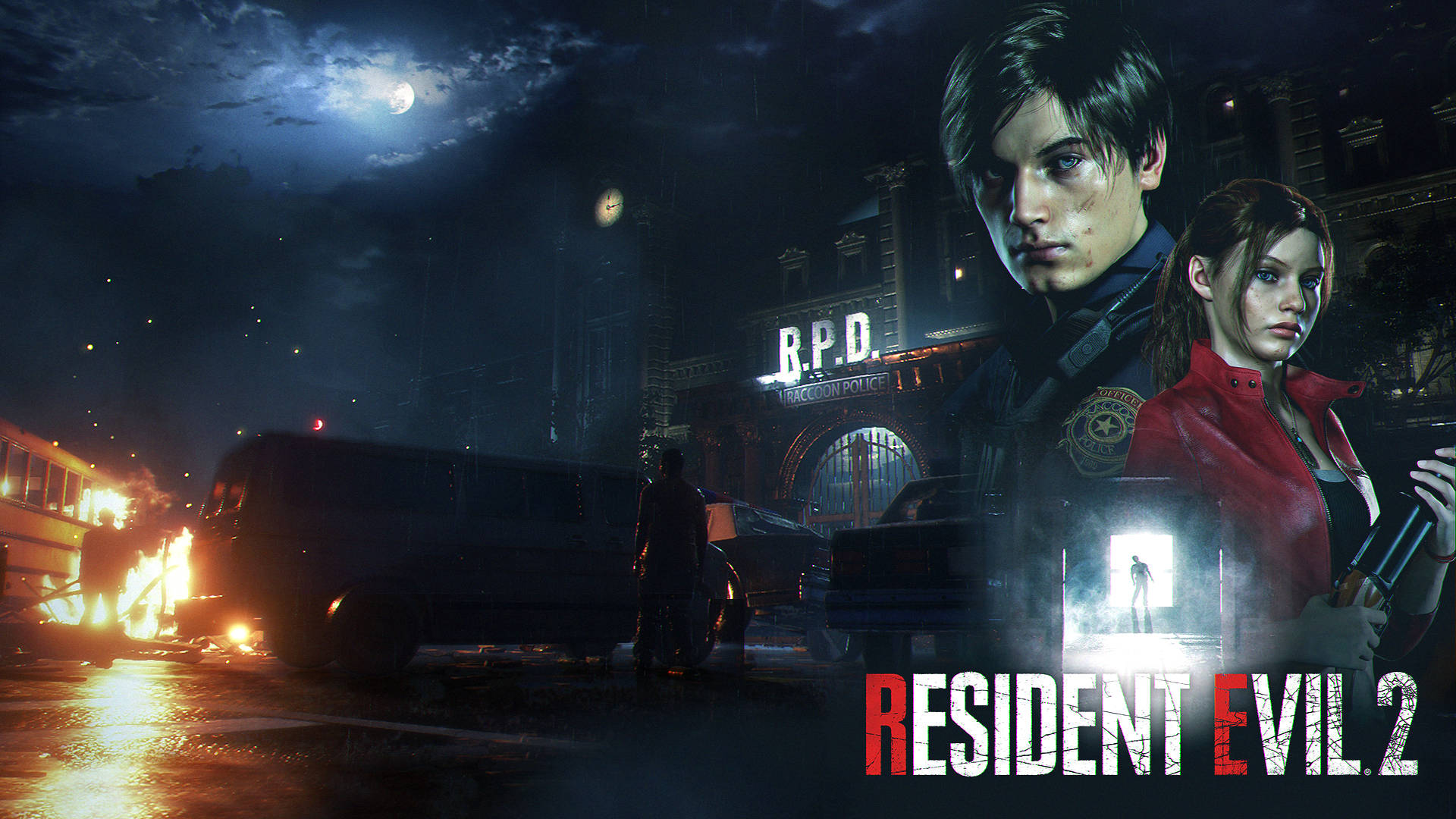 Resident Evil 2 Game Cover Night Street Fire Background