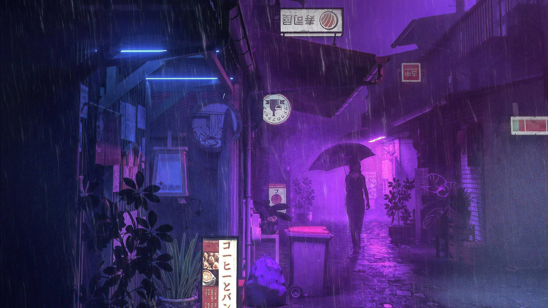 Restaurants Under Rain Aesthetic Purple Neon Computer Background