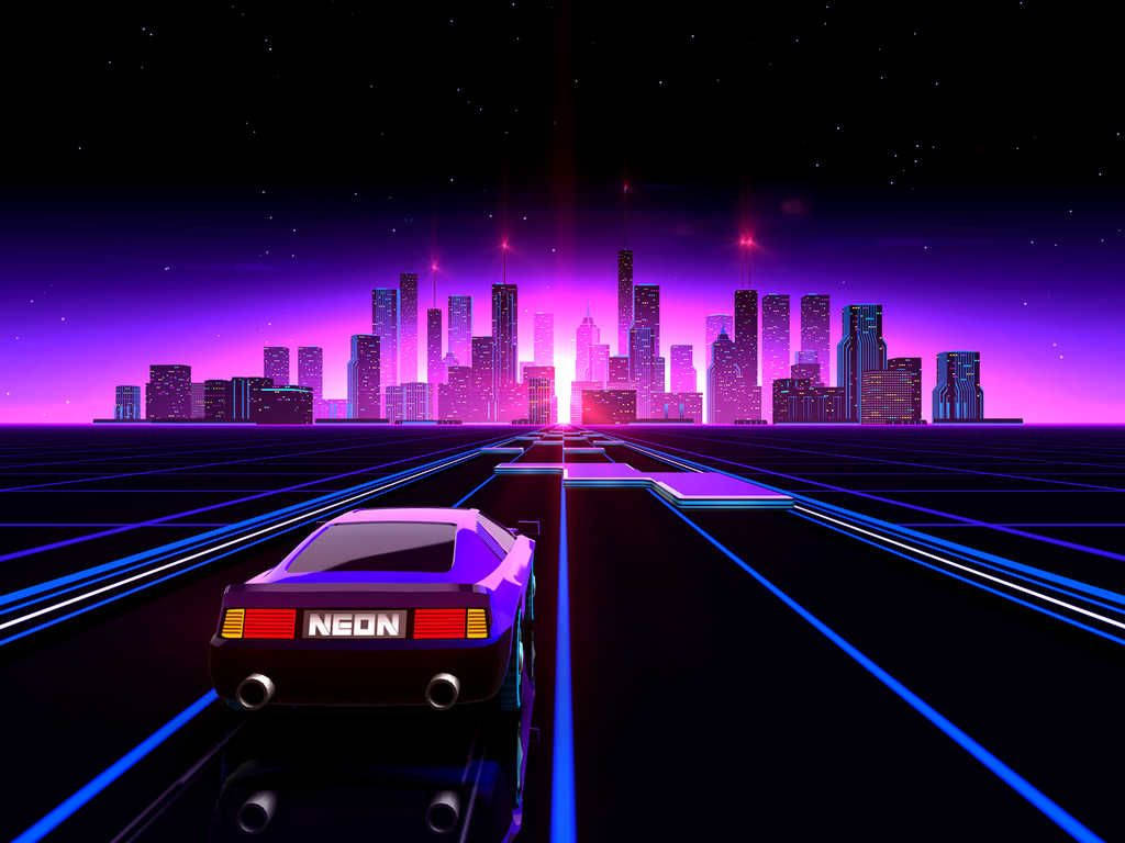 Retro 80s Neon City Car Background