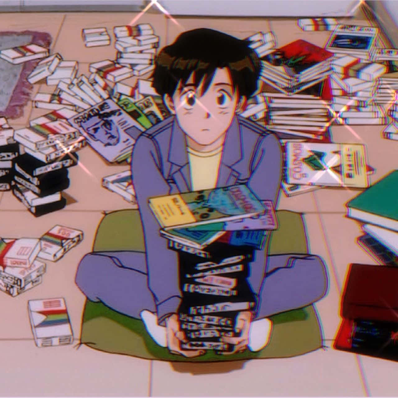 Retro Anime Holding Books Background