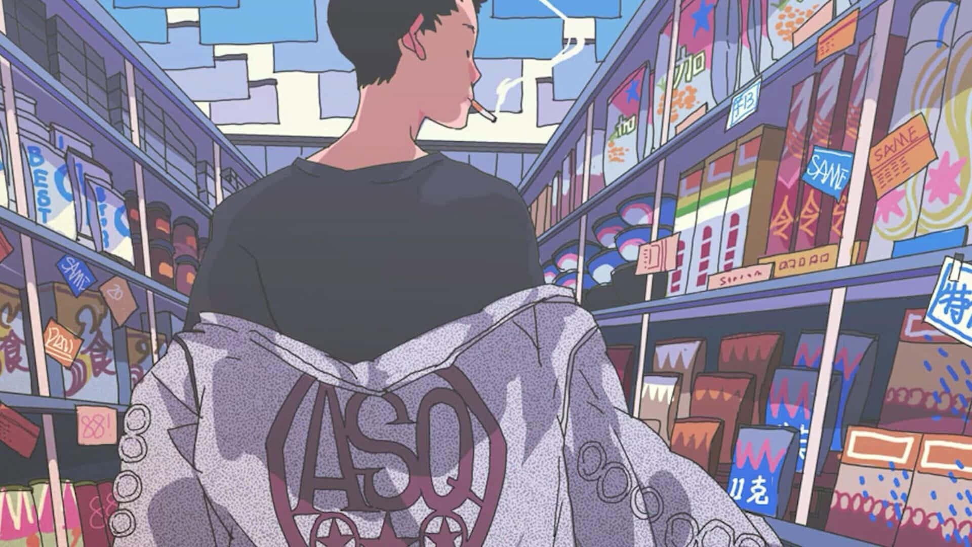 Retro Anime In Groceries Background