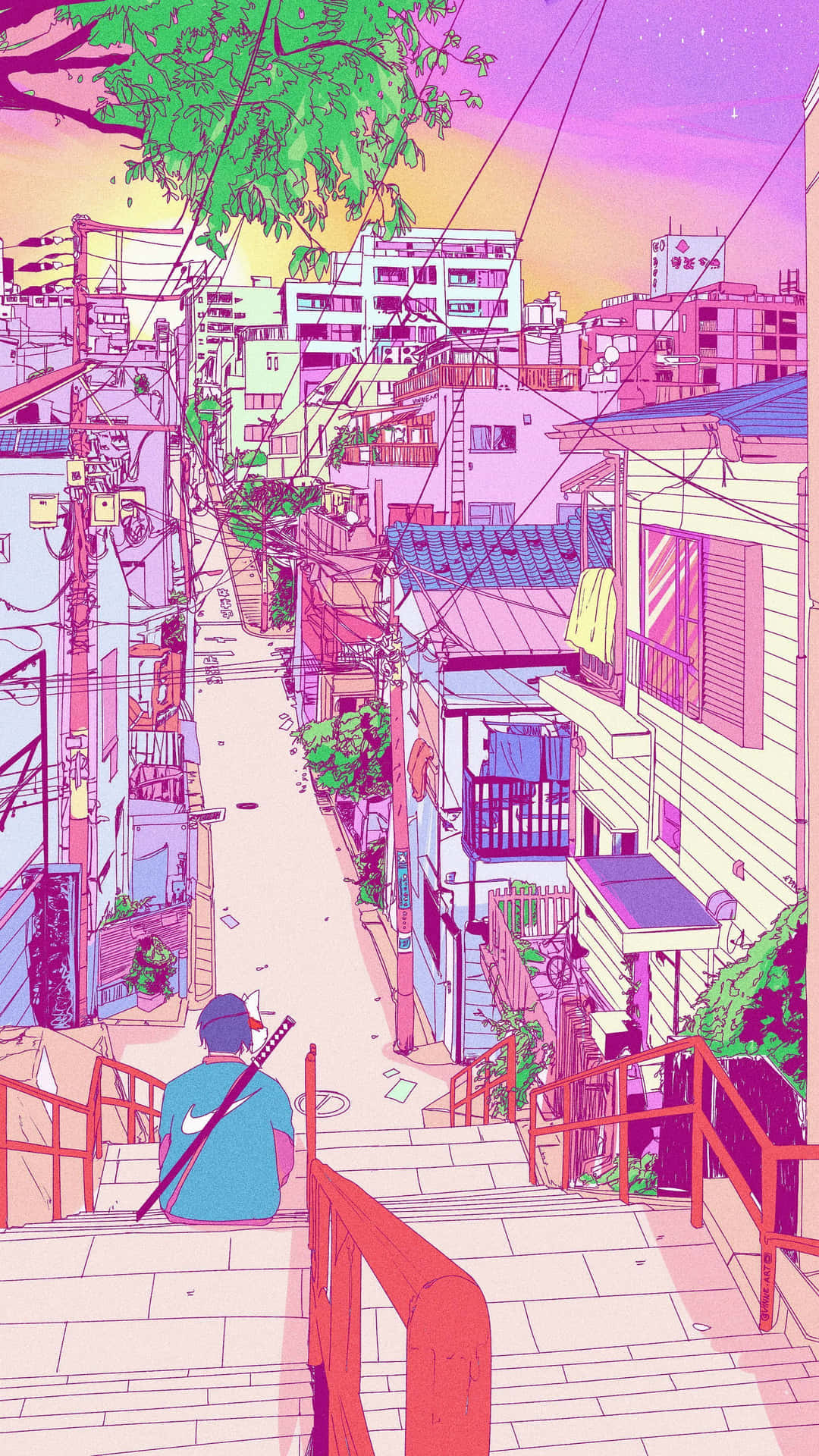 Retro Anime Stairs Boy Background