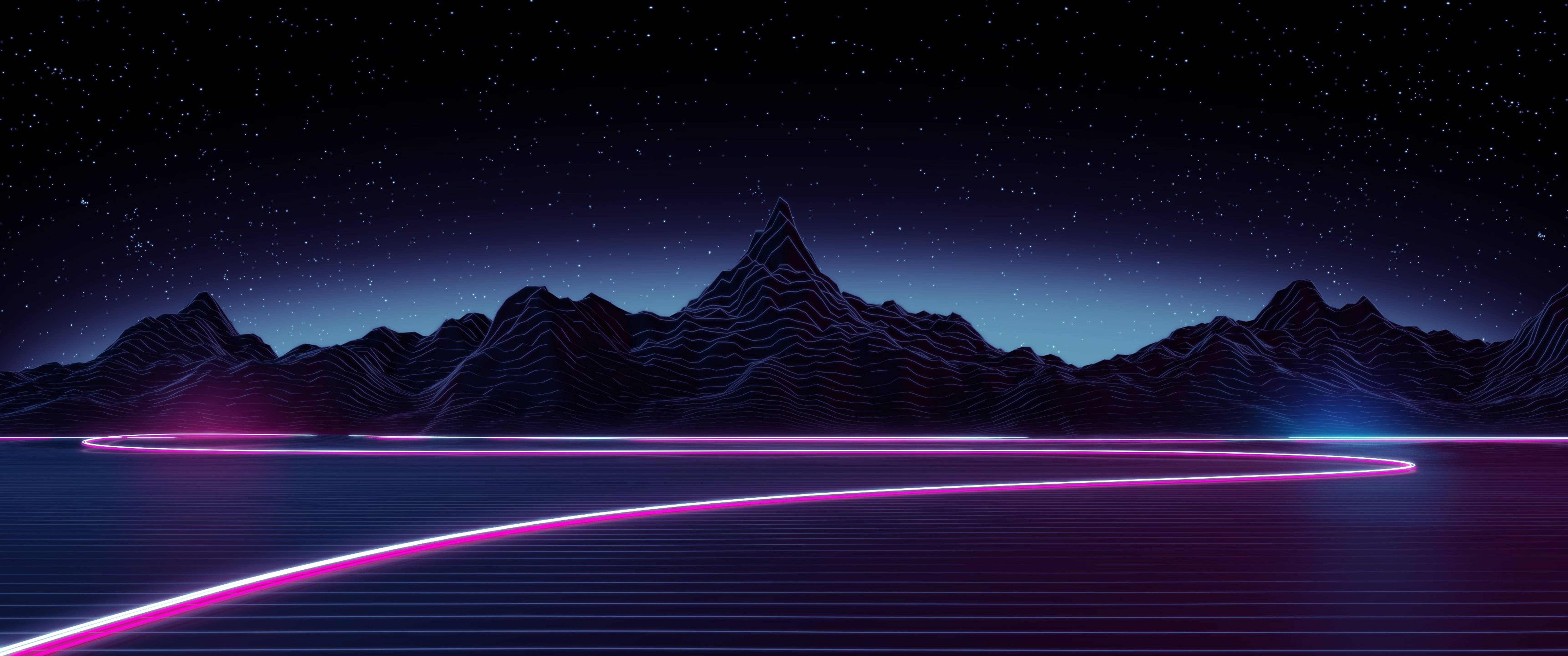 Retro Dark Mountain Neon Line 4k Background