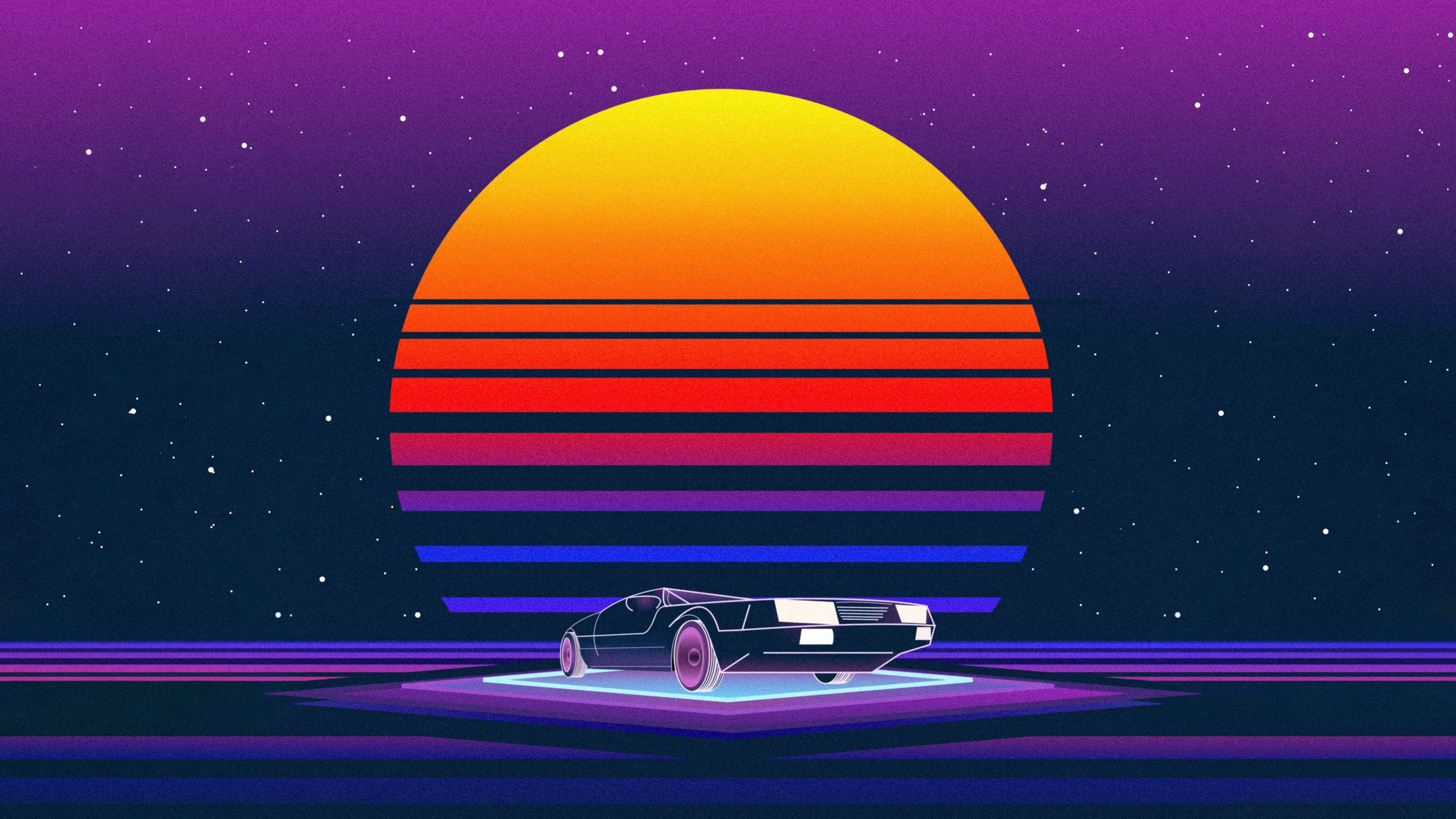 Retro Futuristic Black Car Sun Night 4k Background