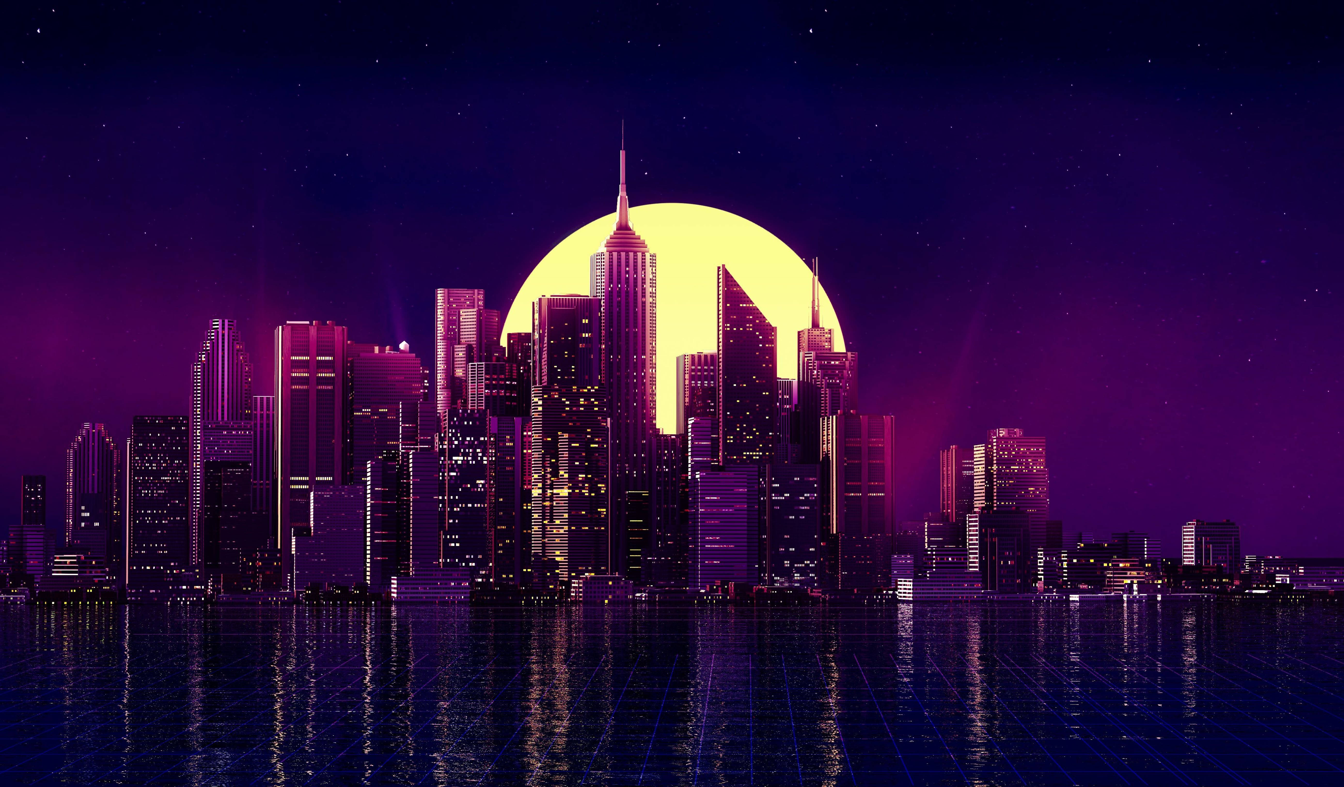 Retro Futuristic City Skyline Nightscape 4k
