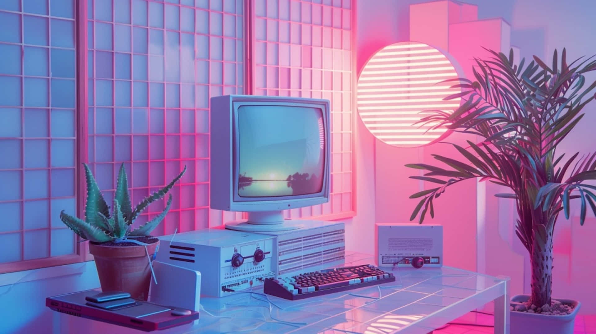Retro Futuristic Computer Setup Background