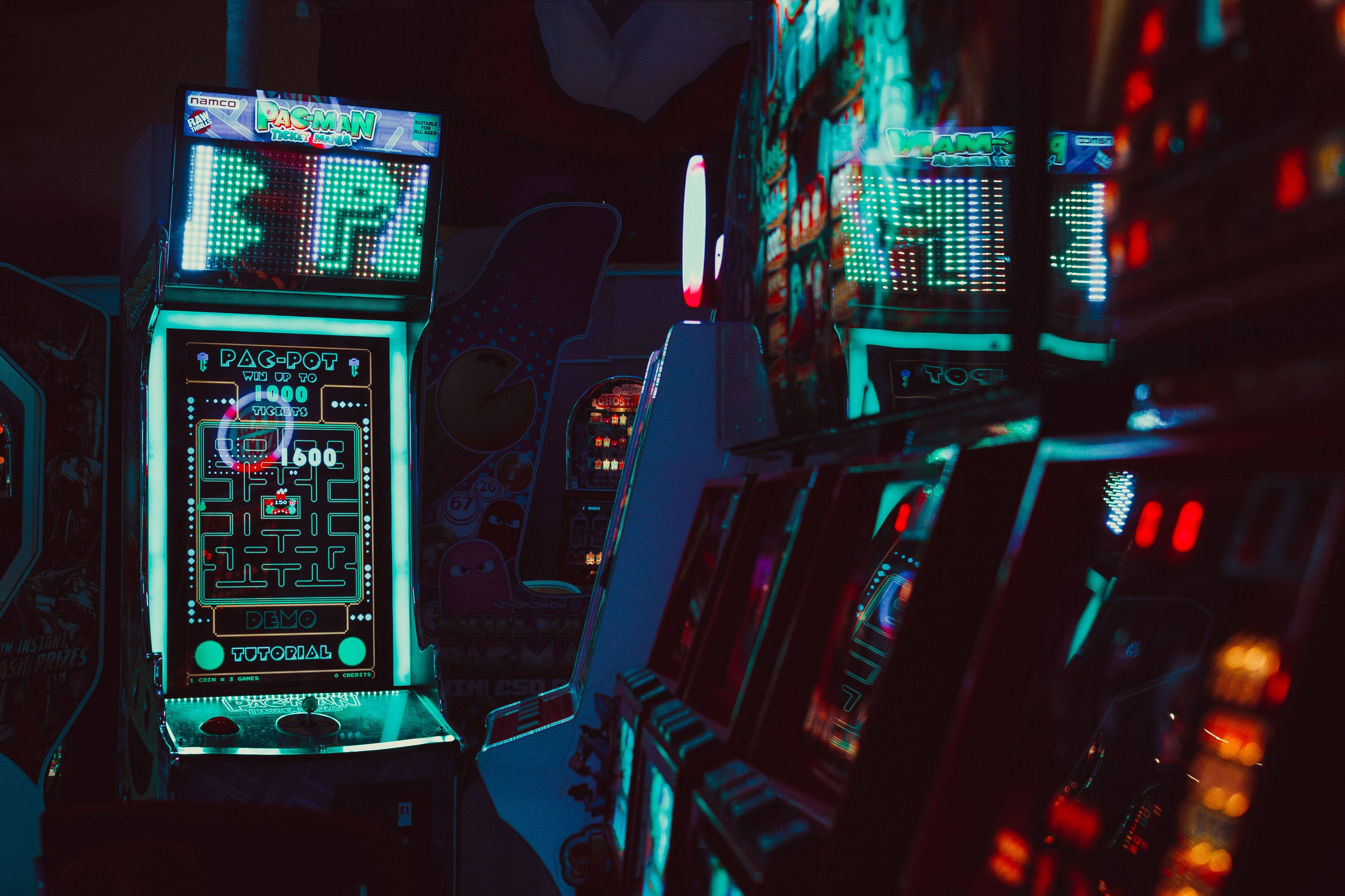 Retro Futuristic Cyberpunk Arcade Game Room 4k Background