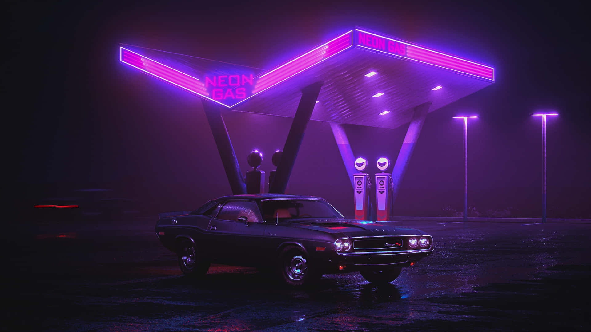 Retro Futuristic Neon Gas Station