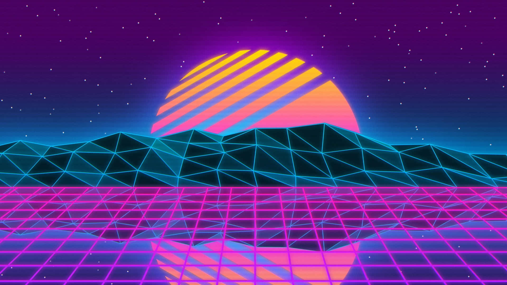 Retro Landscape With A Blue And Purple Sunset Background