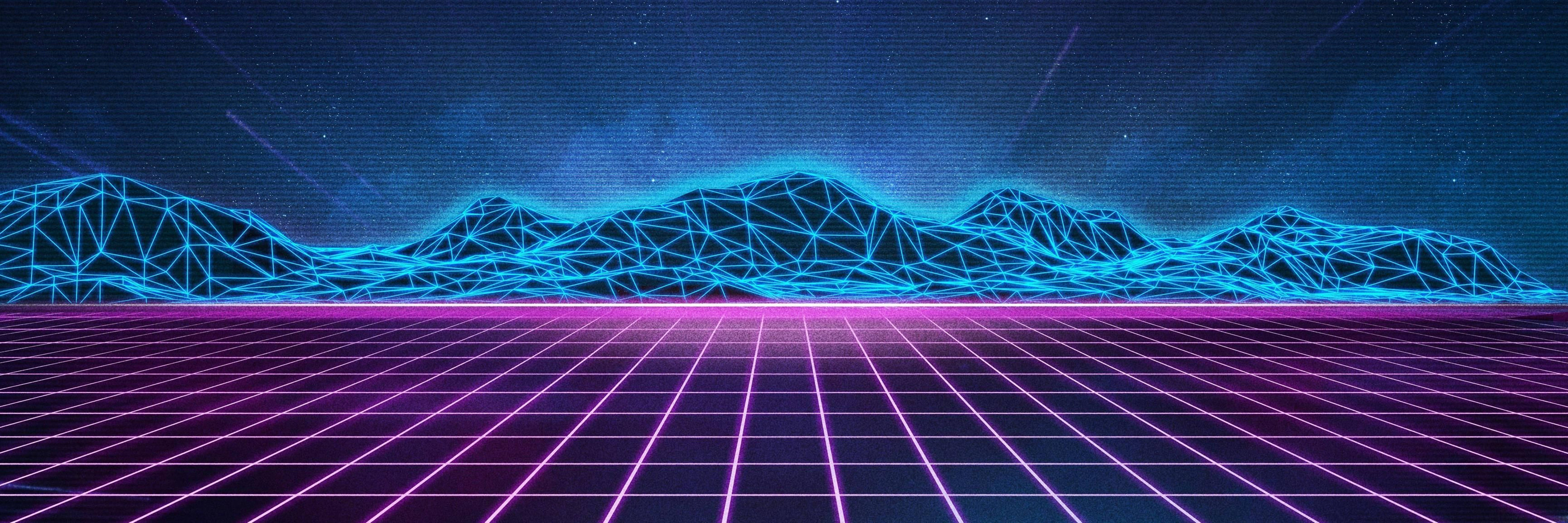 Retro Neon Grid Field Blue Mountains 4k Background