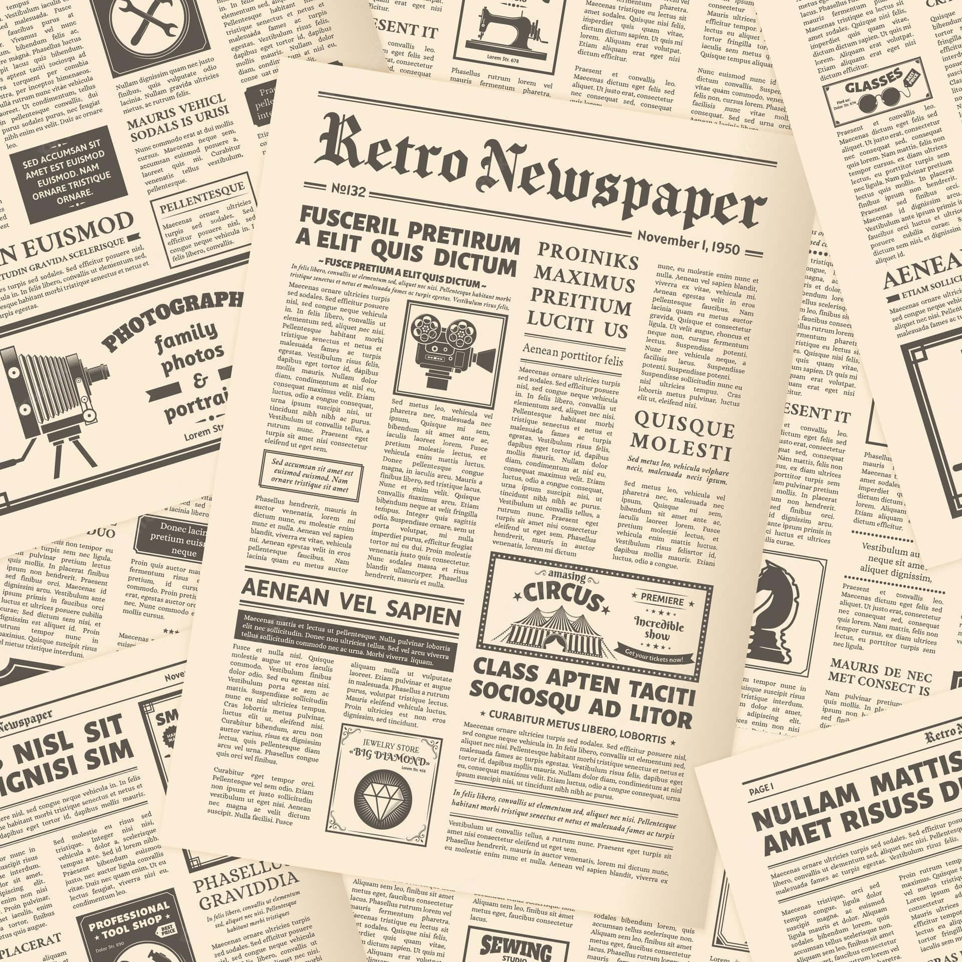 Retro Newspaper With Old Fashioned Images Background