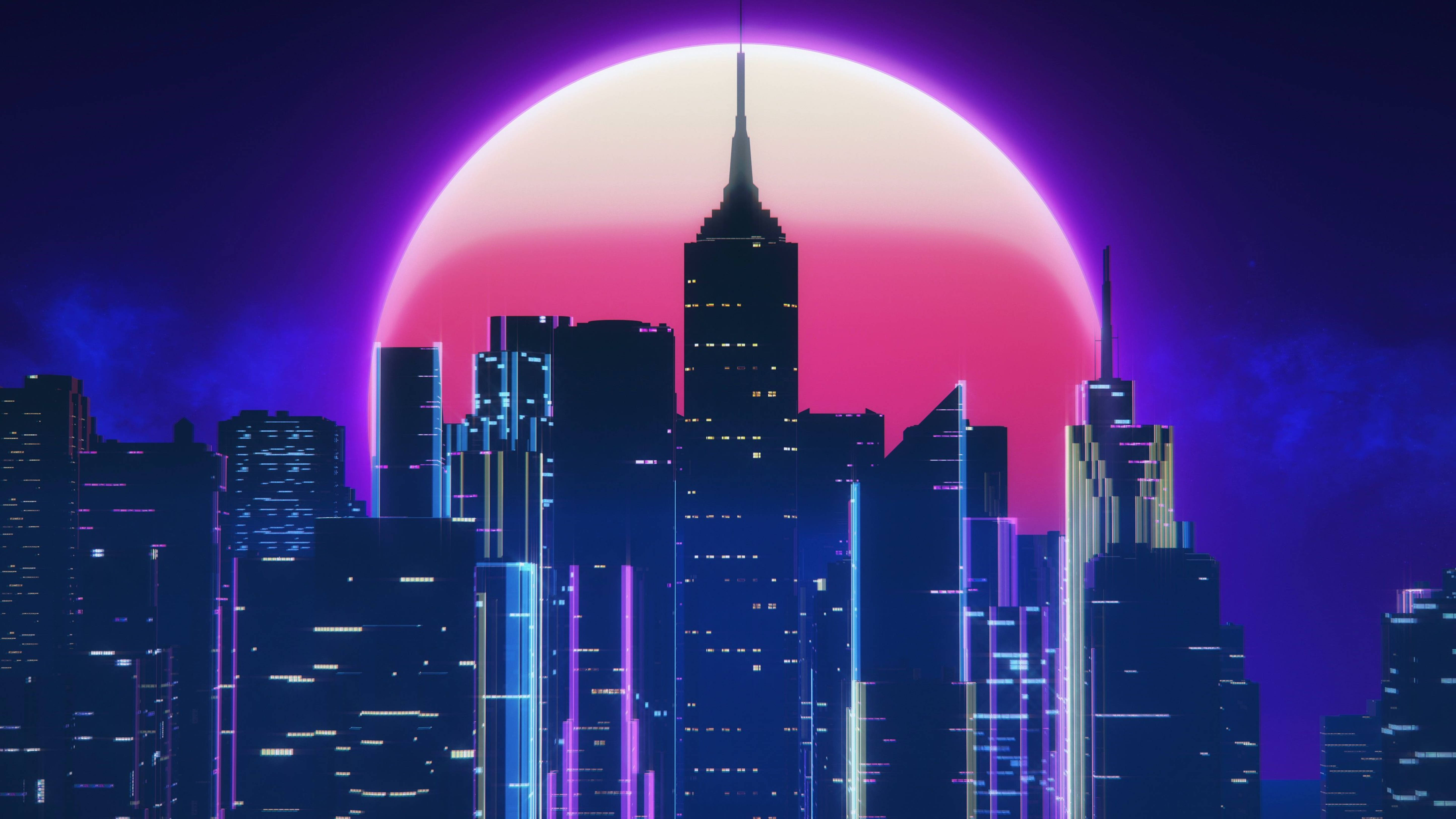Retro Pink Moon City Buildings 4k