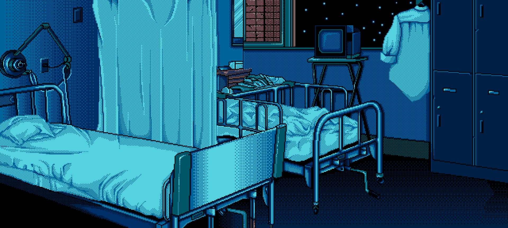 Retro Pixel Art Hospital Bed With Night Sky Background