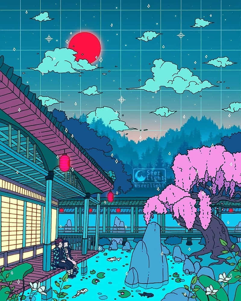 Retro Pixelated Tokyo Anime Temple Background