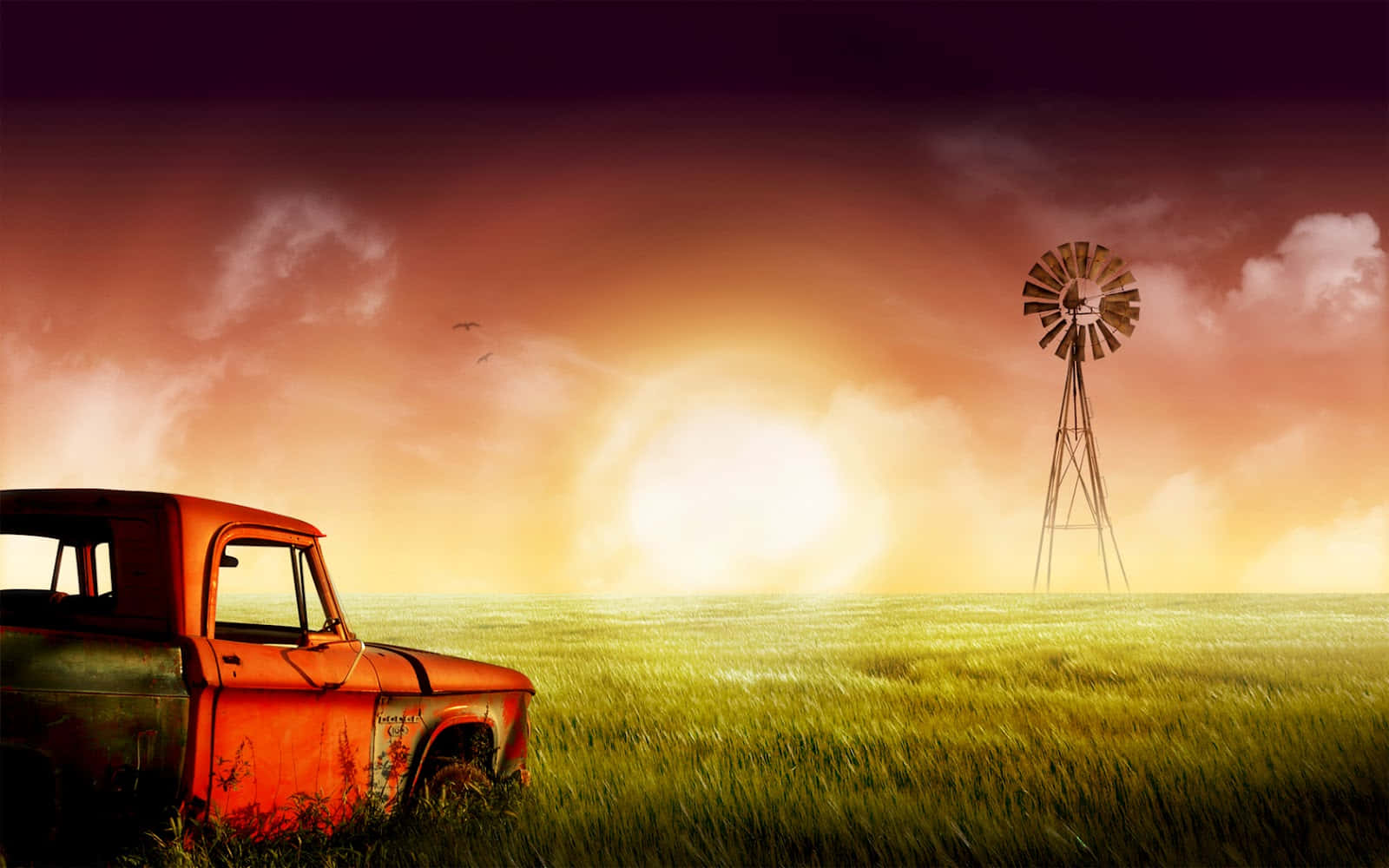 Retro Red Car And Windmill Cute Country Background