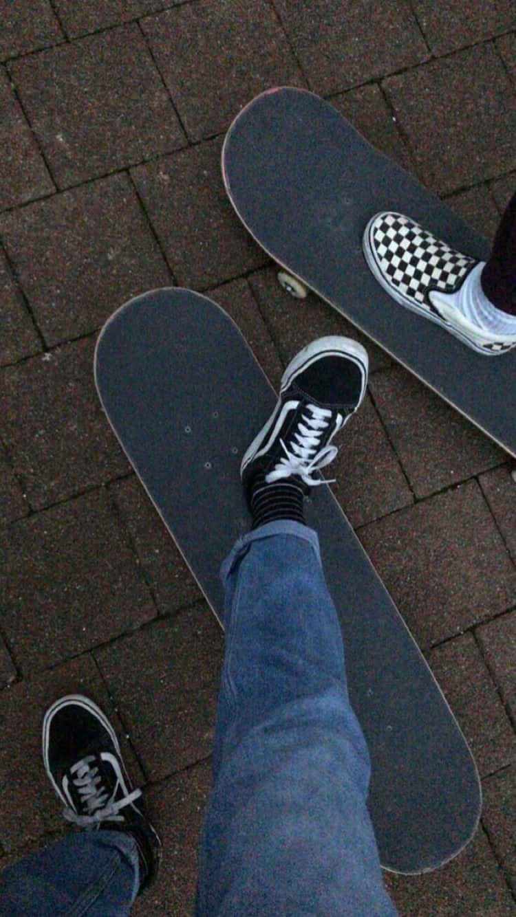 Retro Skateboard Two Brick Background