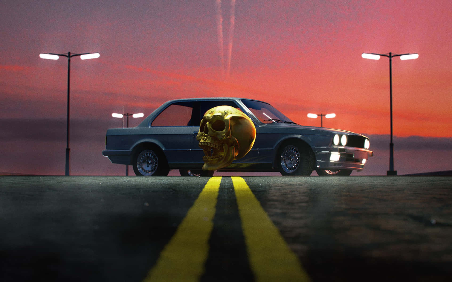 Retro Skull Car Sunset Scene