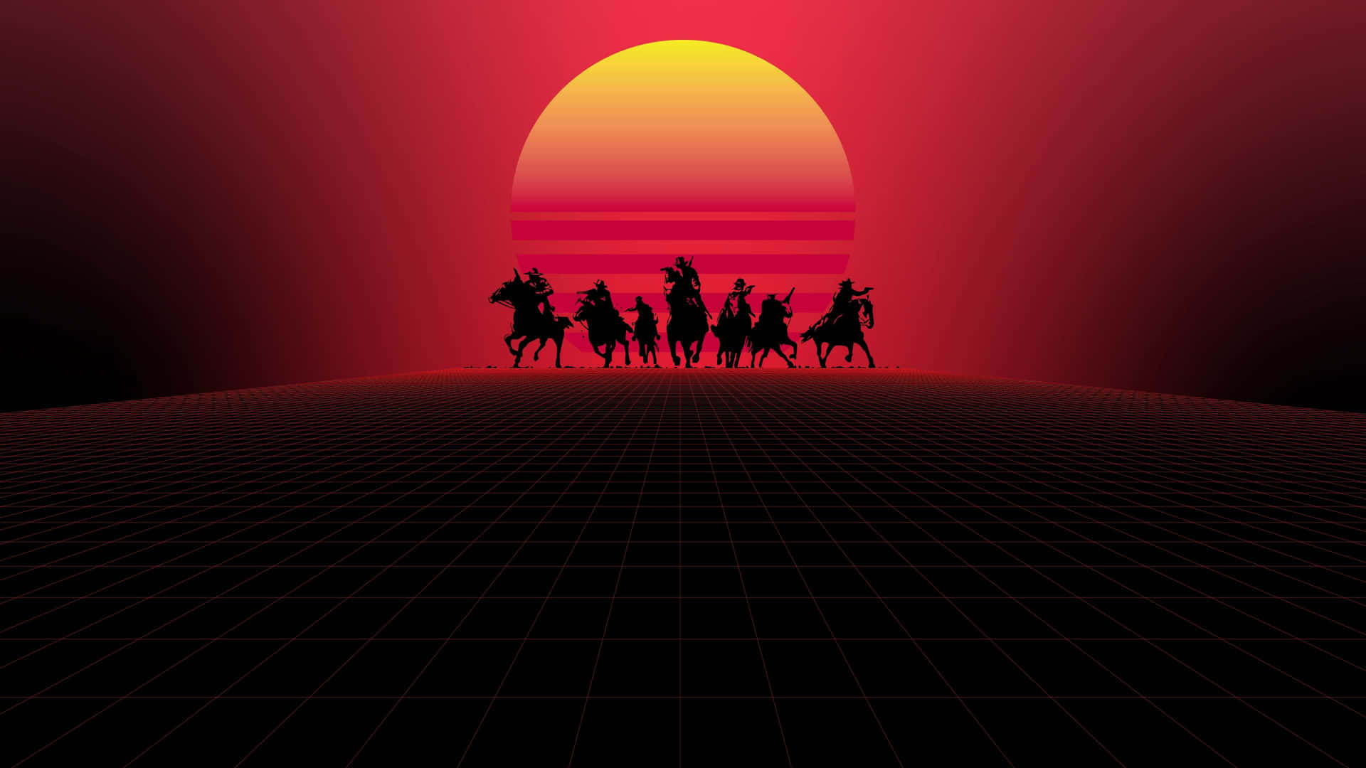 Retro Sunset Cowboy Silhouettes Background