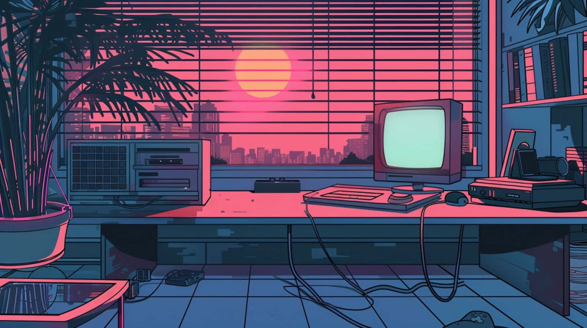 Retro Sunset Office Illustration Background