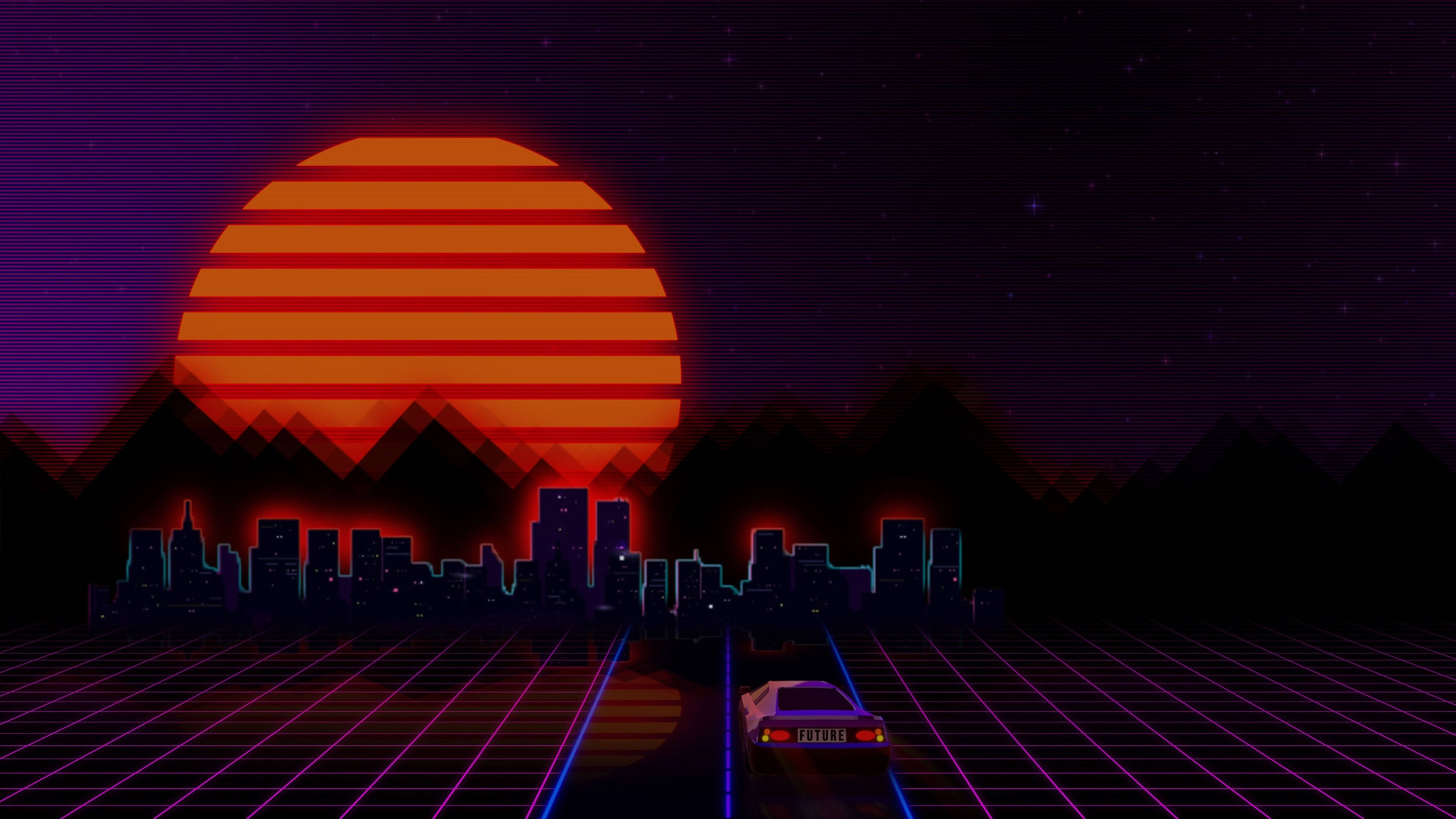 Retro Wave Cityscape Sunset 4k