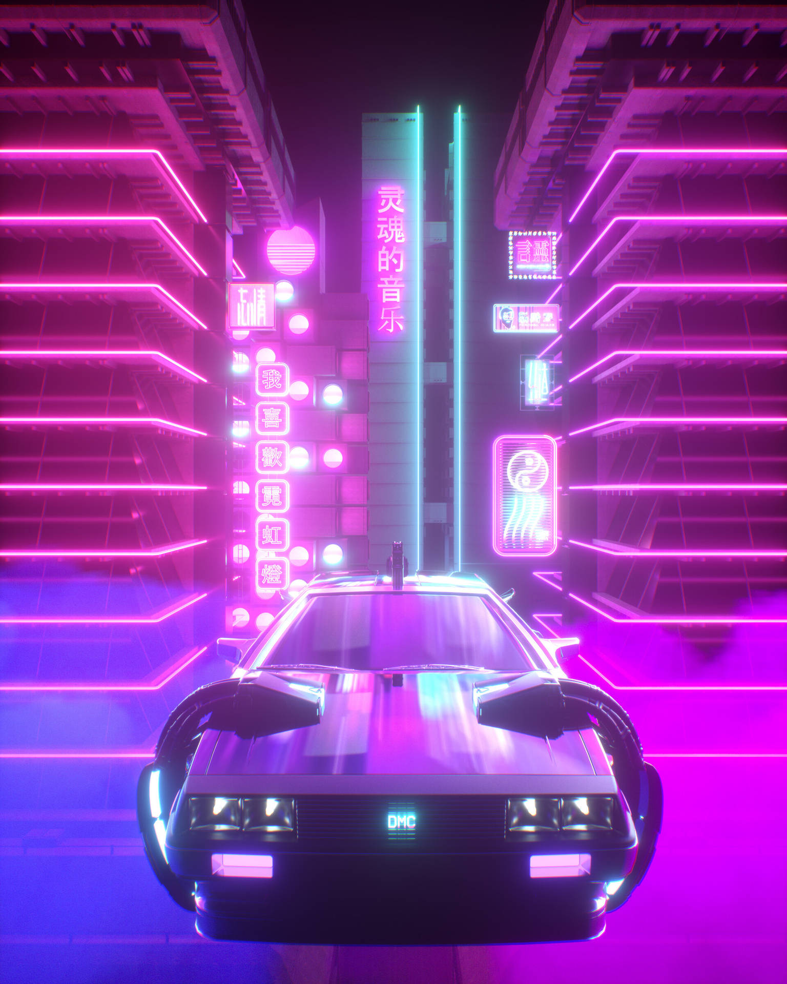 Retrowave Car In Neon City Background