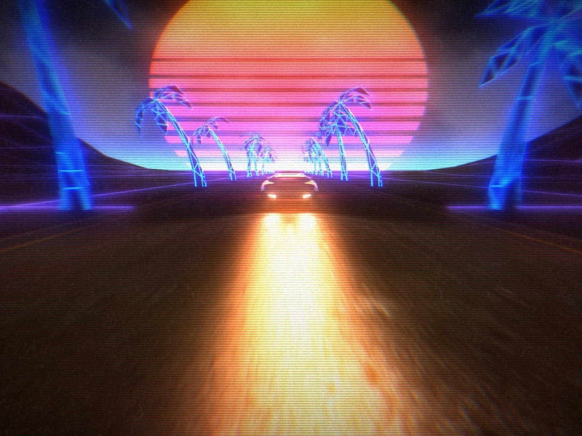 Retrowave Car On Tropical Sunset Road Background
