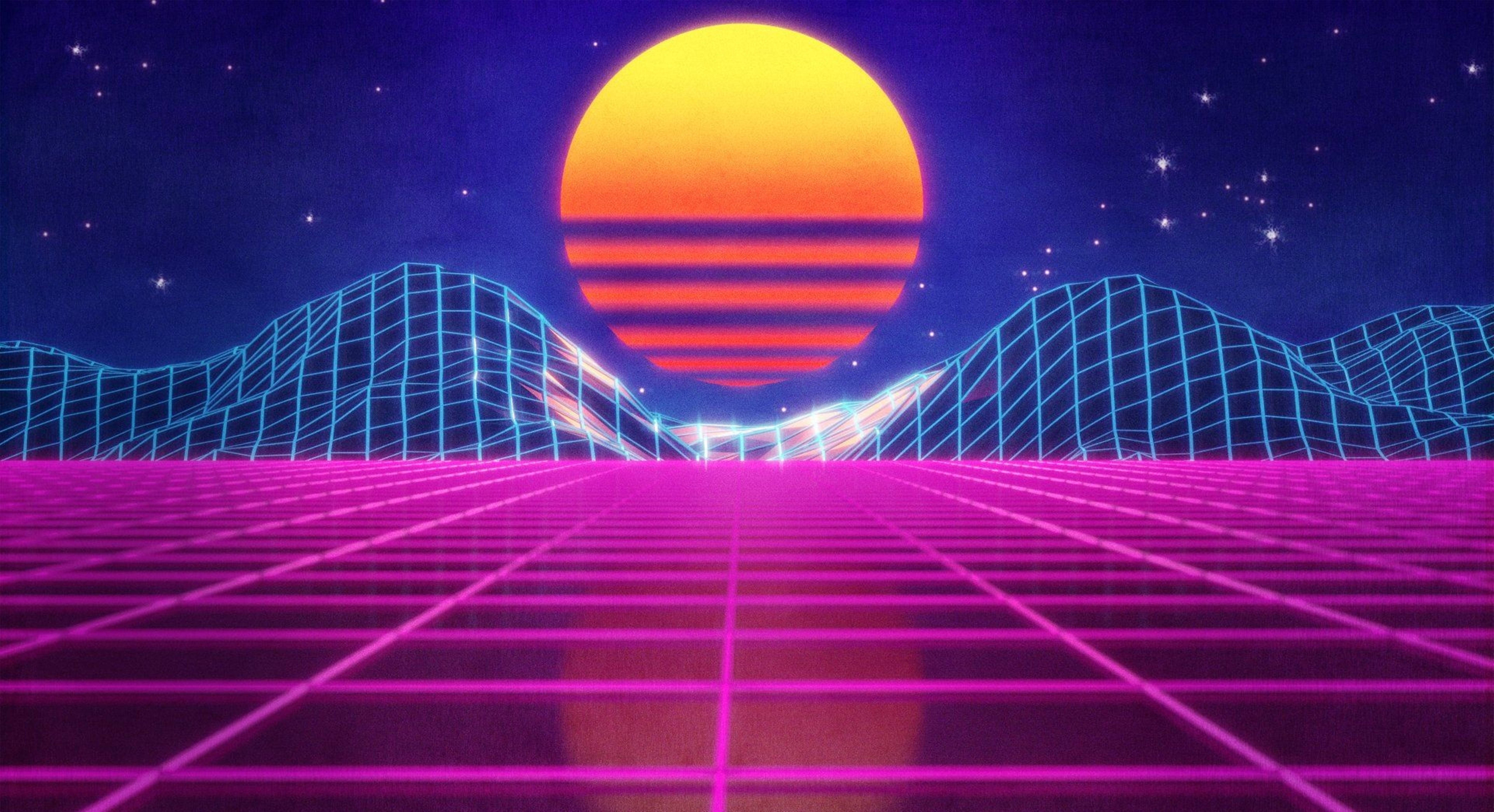 Retrowave Neon Grid Field And Mountain 4k Background