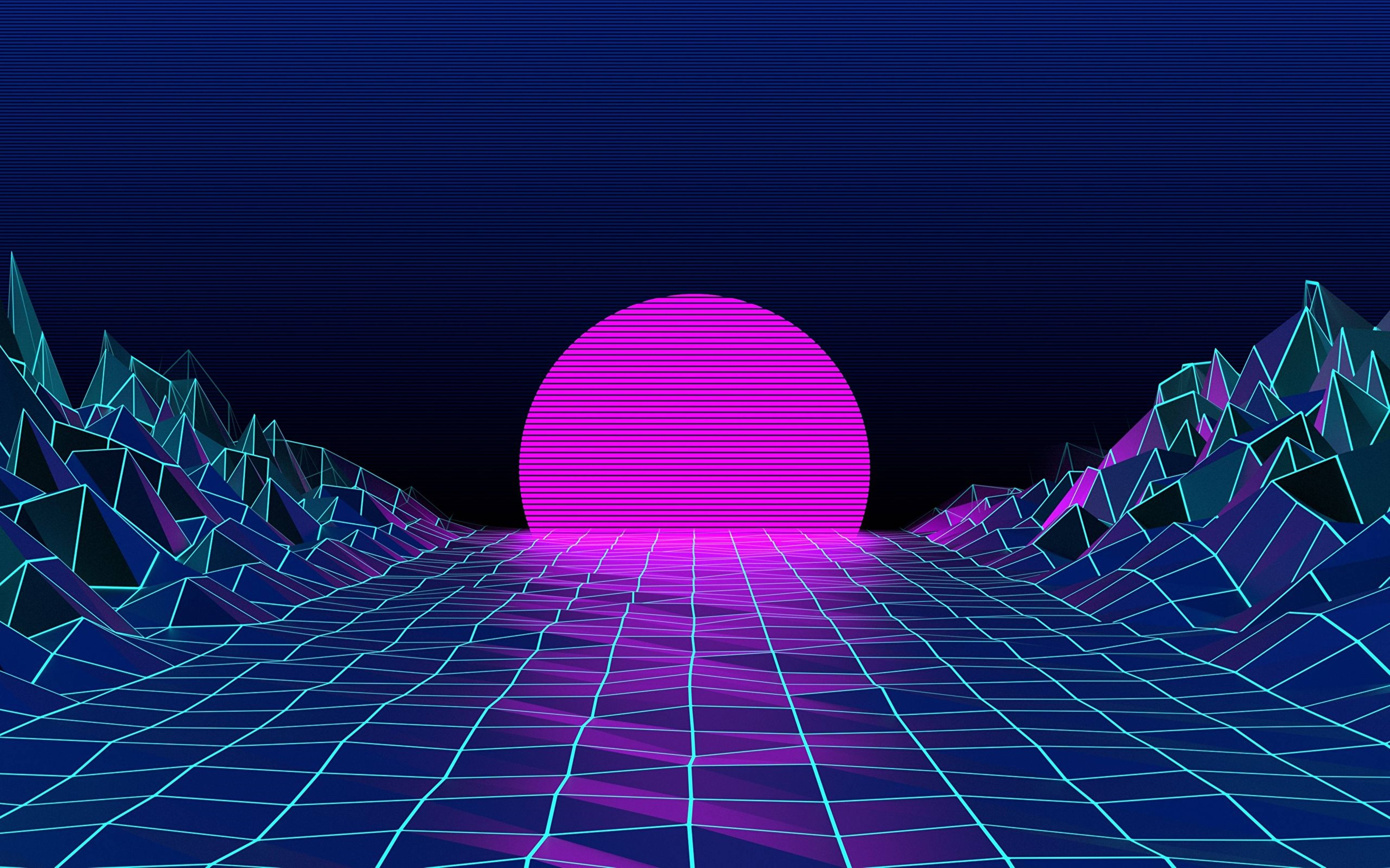 Retrowave Neon Purple Moon Grid Field 4k