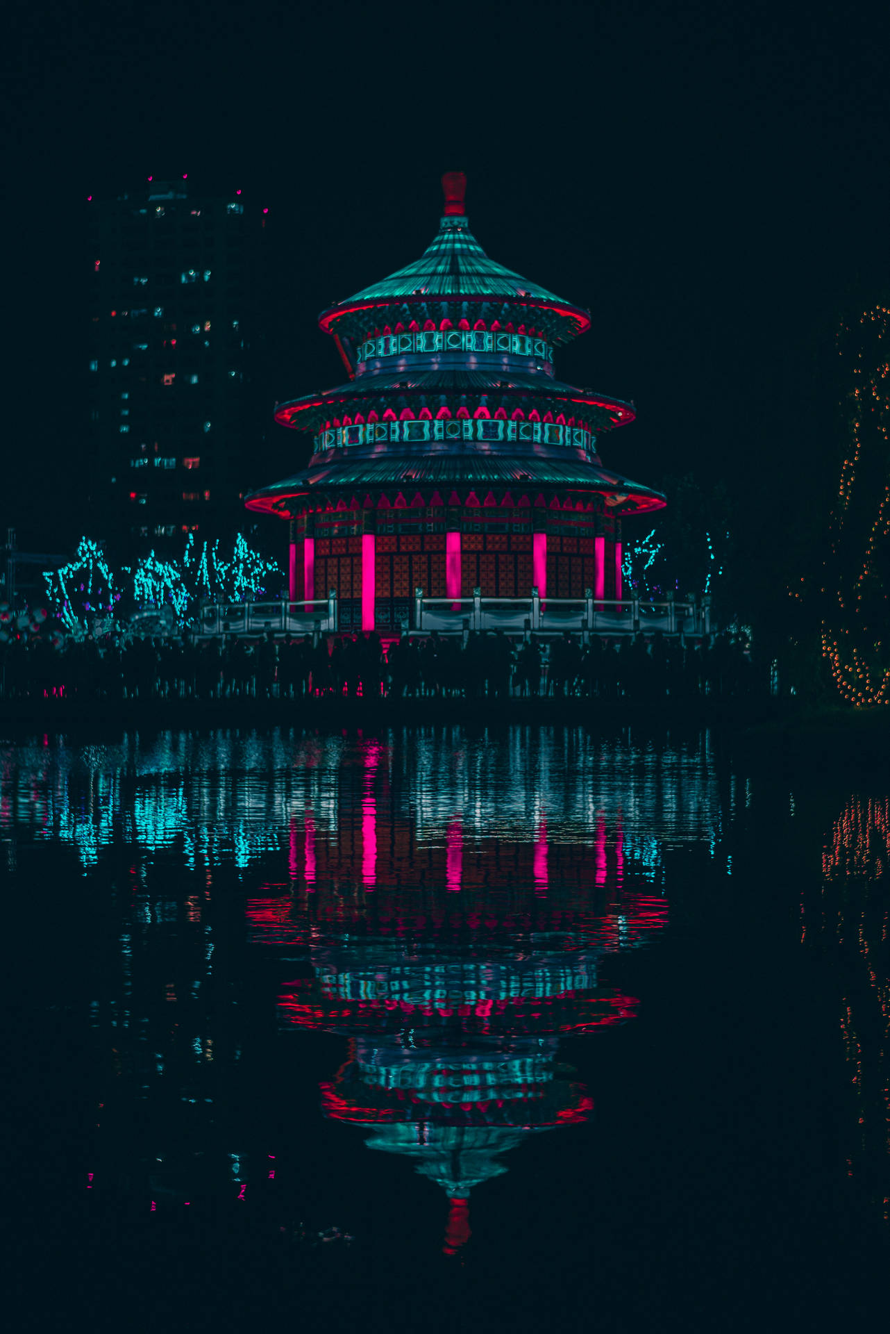 Retrowave Pagoda On Water At Night Background