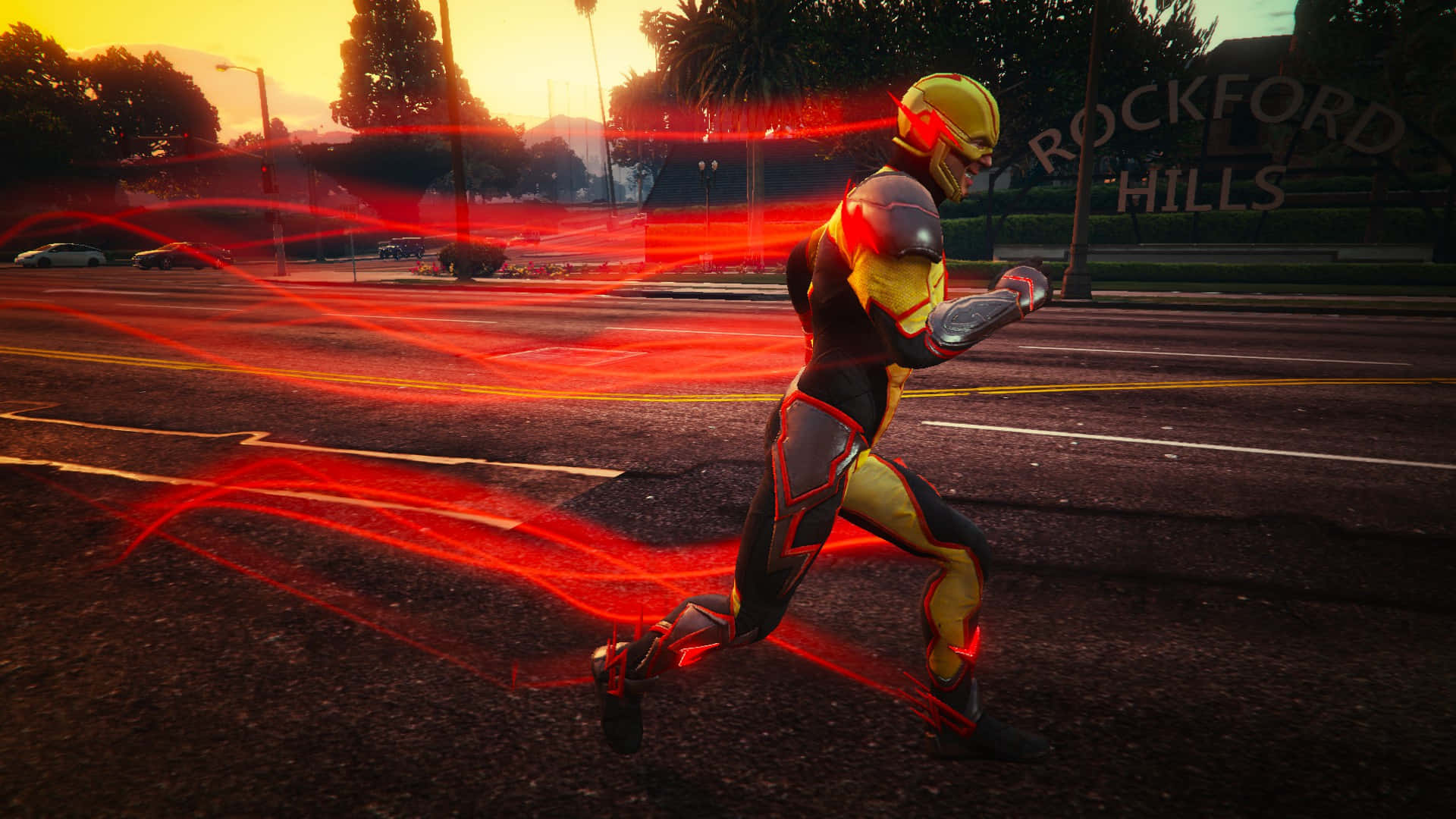 Reverse Flash Speedingin Sunset Cityscape Background