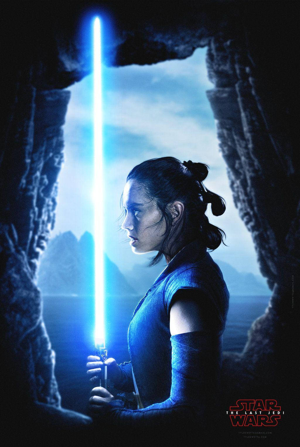 Rey Wielding A Blue Lightsaber In Star Wars: The Last Jedi Background