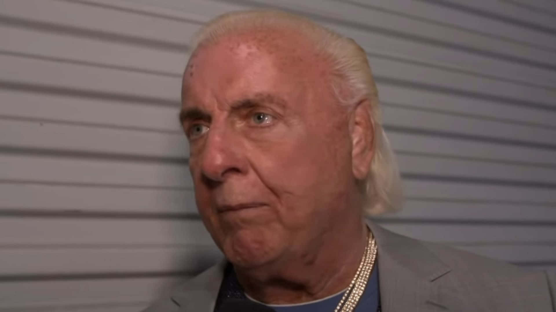Ric Flair Wearing Grey Suit And Gold Necklace Background