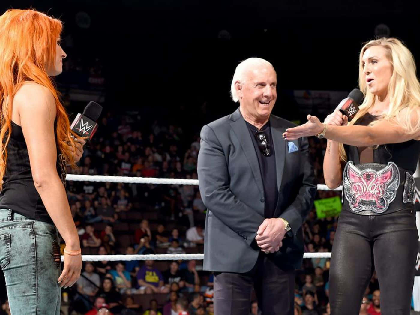 Ric Flair With Charlotte Flair And Becky Lynch Background