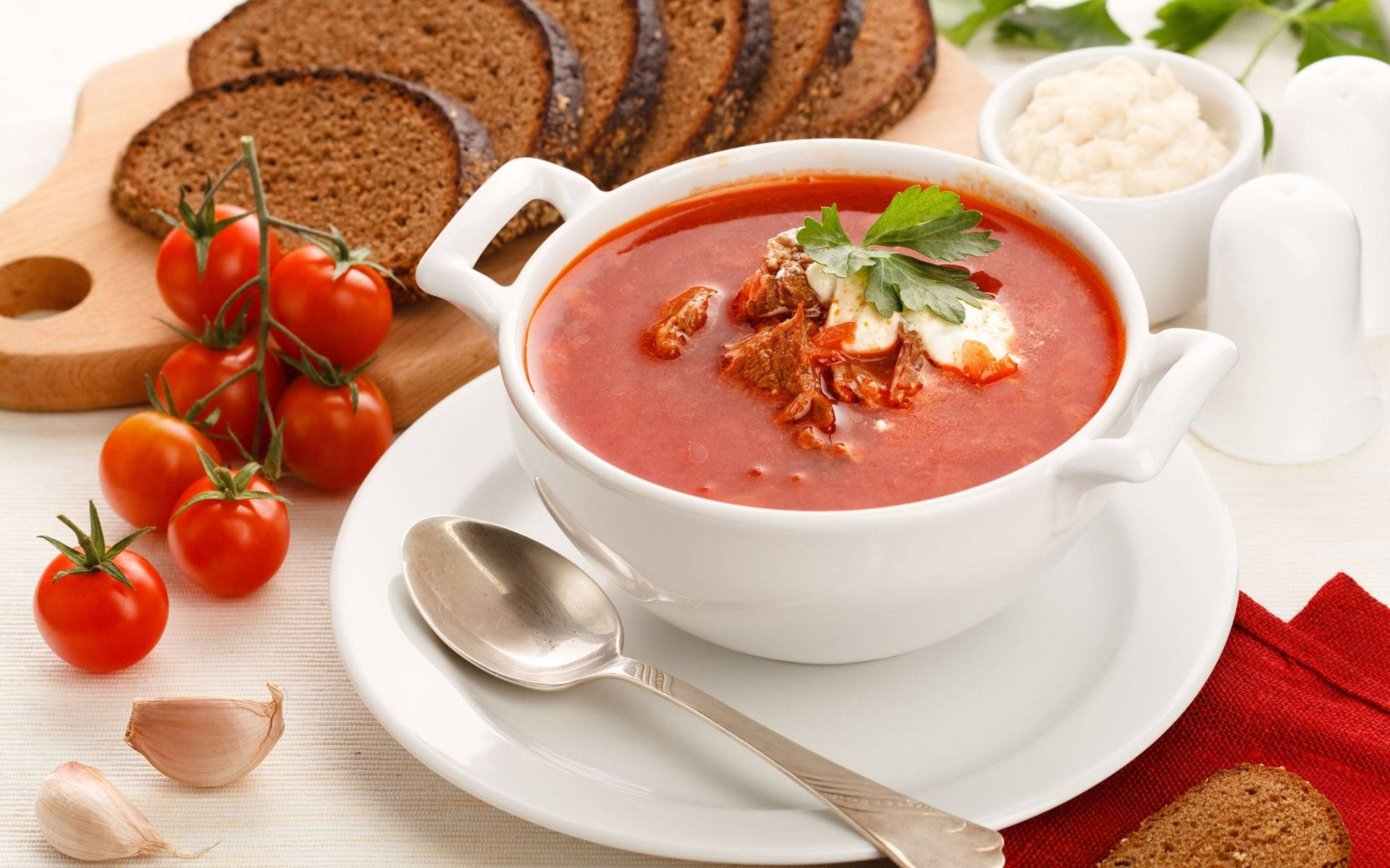 Rich And Hearty Traditional Ukrainian Borscht Soup On A Rustic Wooden Table. Background