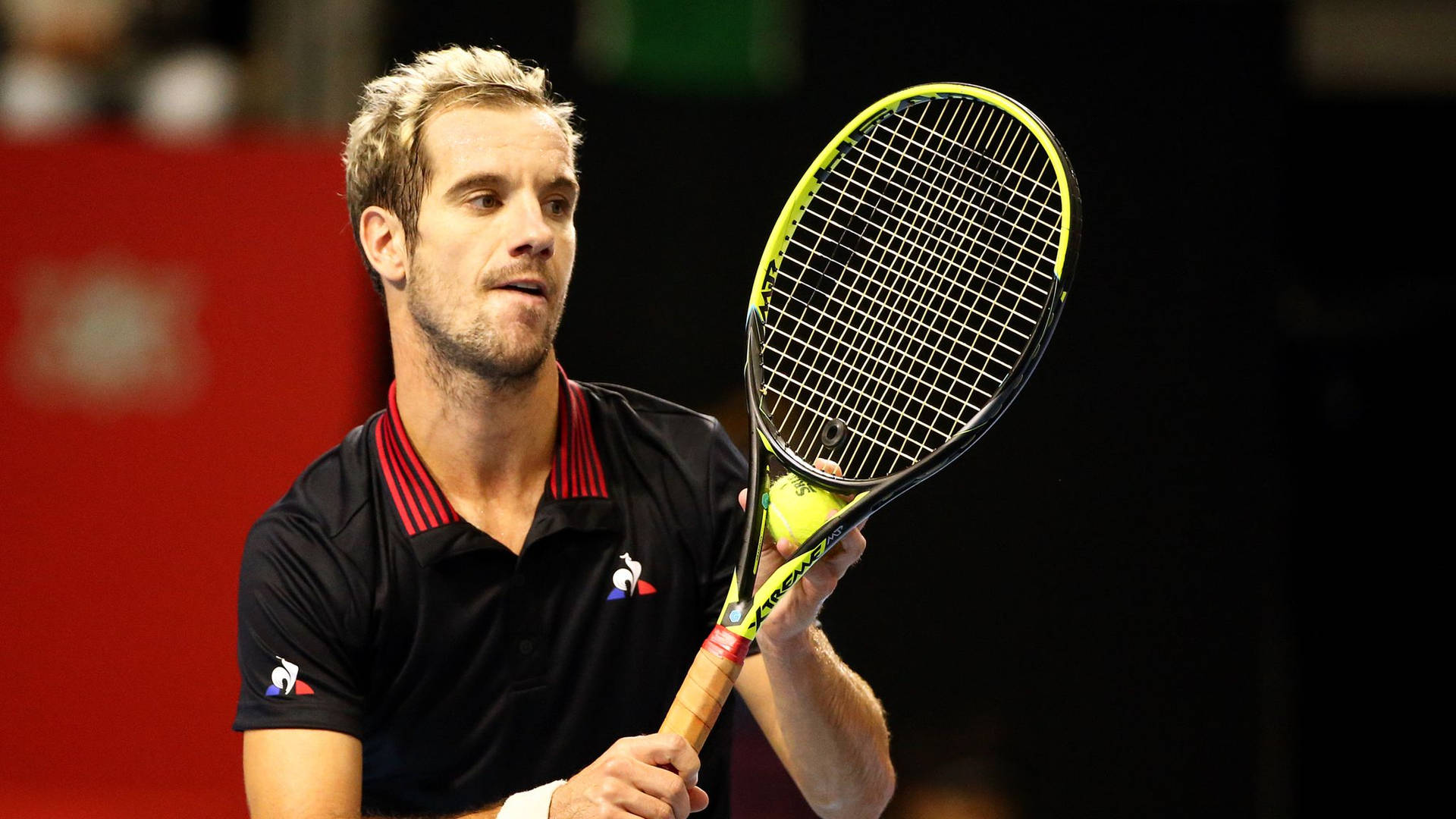 Richard Gasquet In Action, Ready To Serve In A Match Background