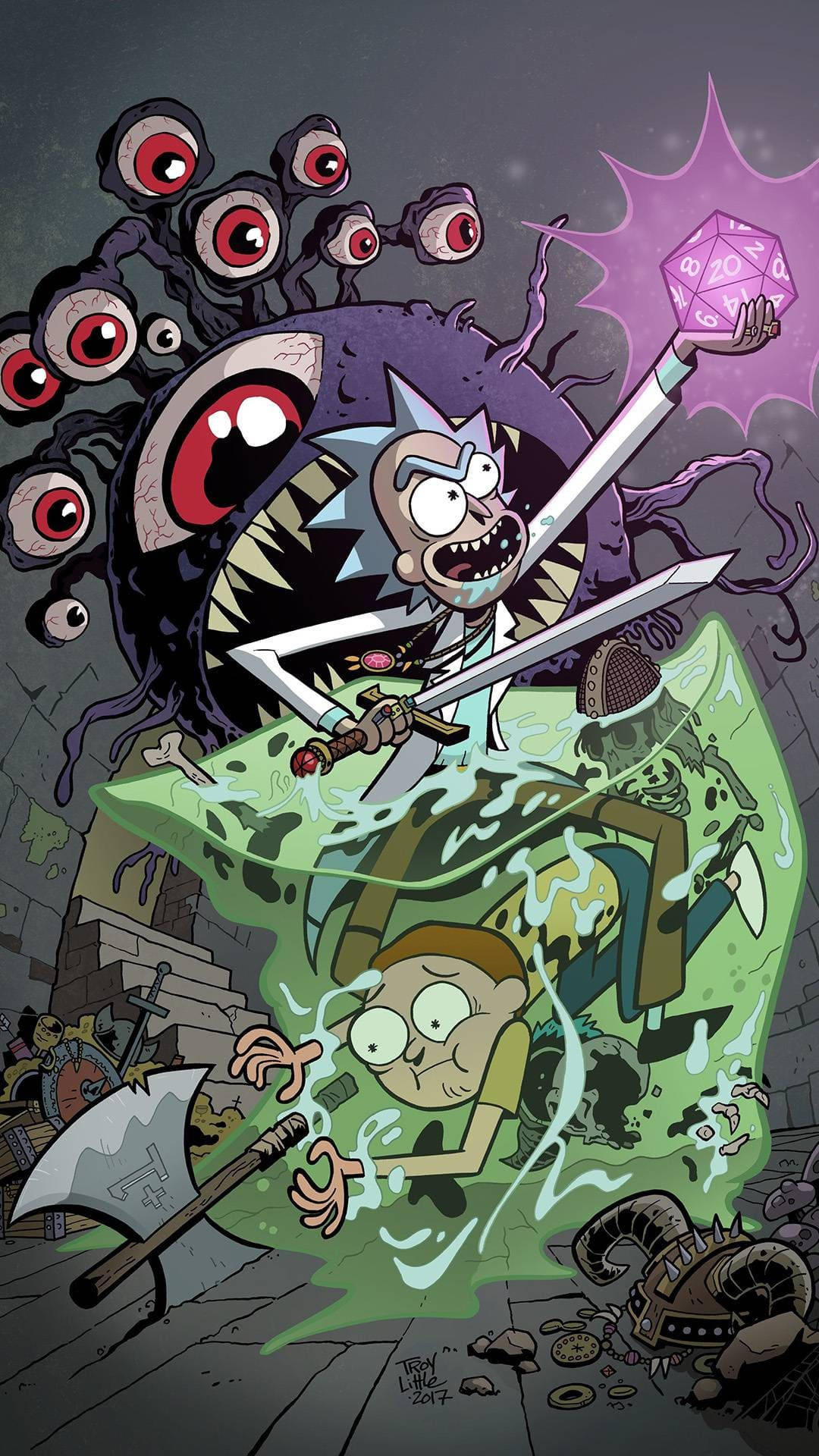 Rick And Morty And Purple Eye Monster Tablet Background