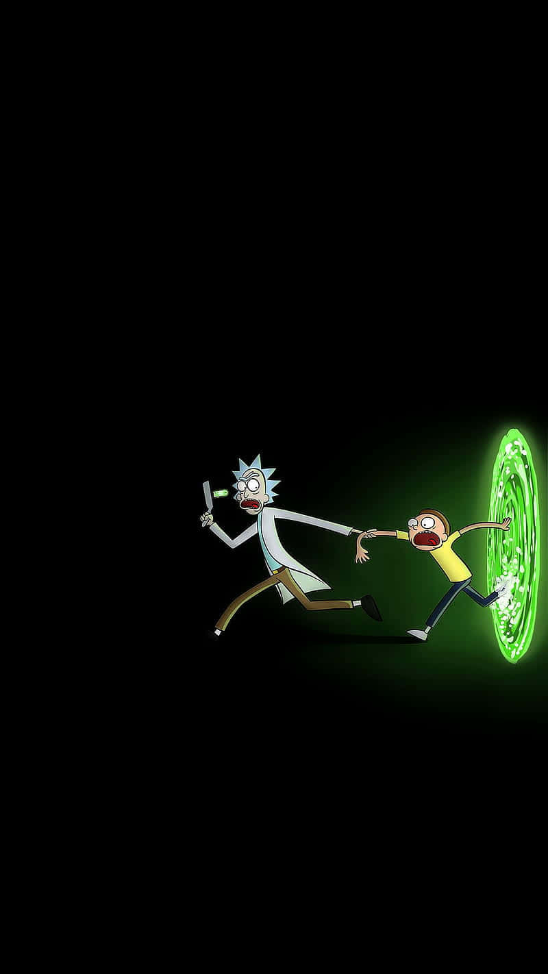 Rick And Morty Are Travel Through A Portal Into A New World Background