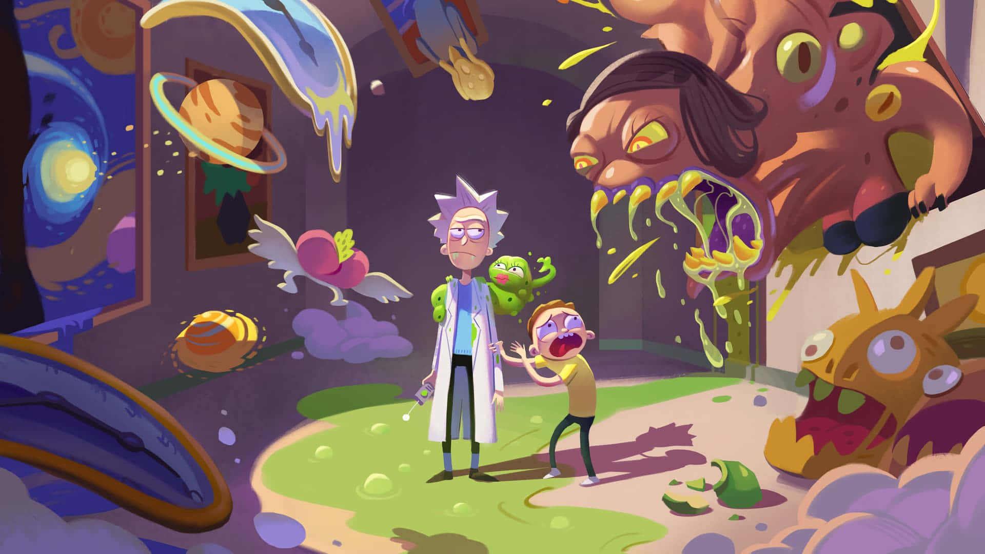 Rick And Morty Defending A Spaceship From An Invasion Background