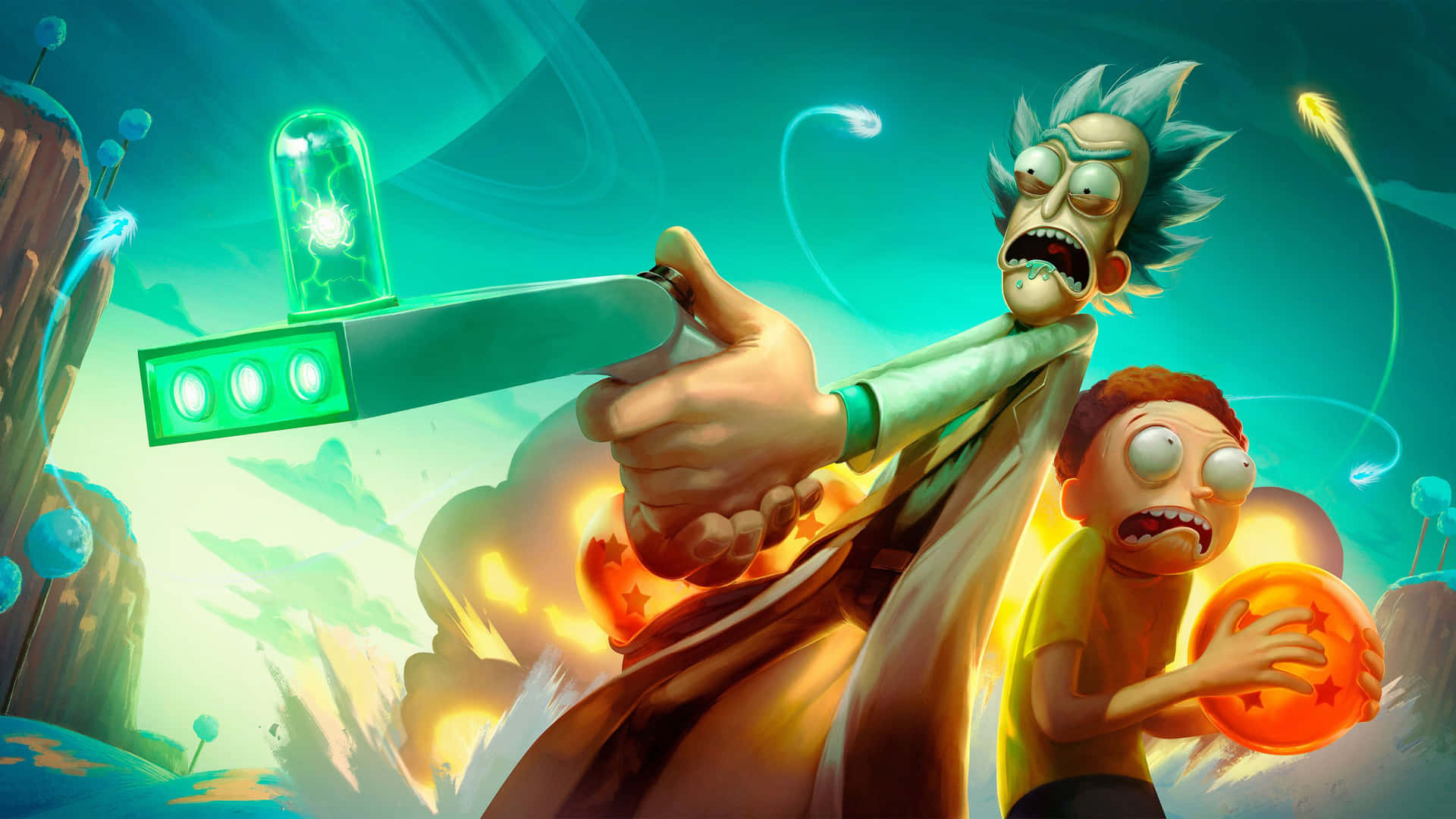 Rick And Morty Fan Art With Dragon Ball Background