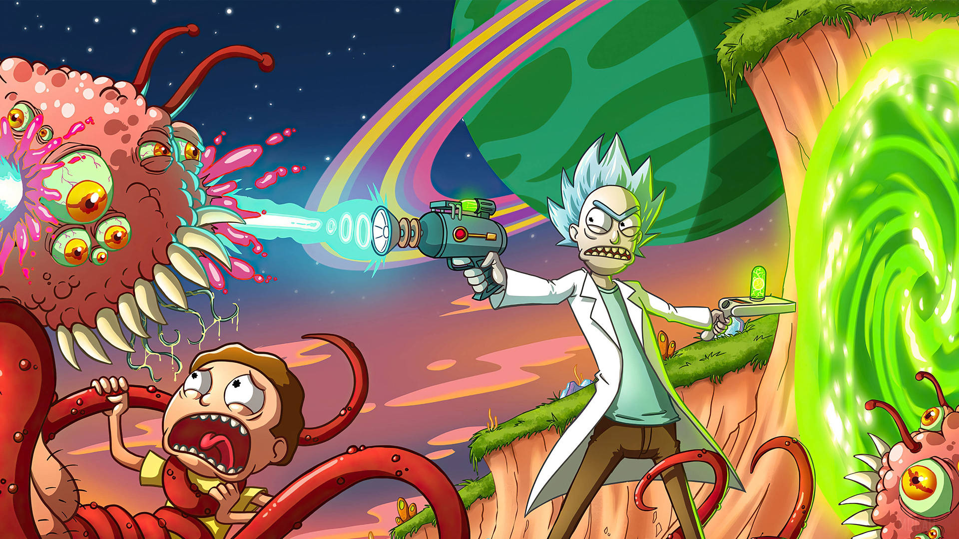 Rick And Morty Hd Computer Fighting Monster Background