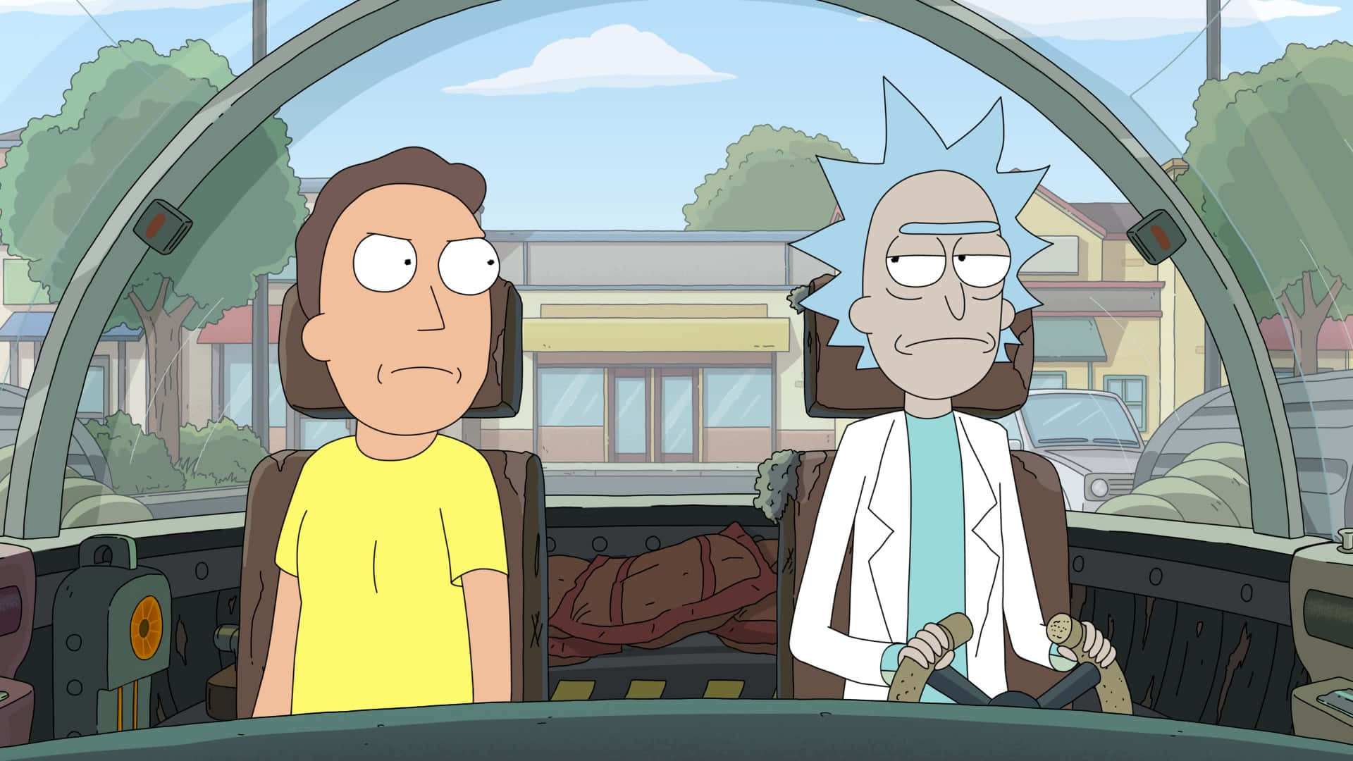 Rick And Morty In A Car Background