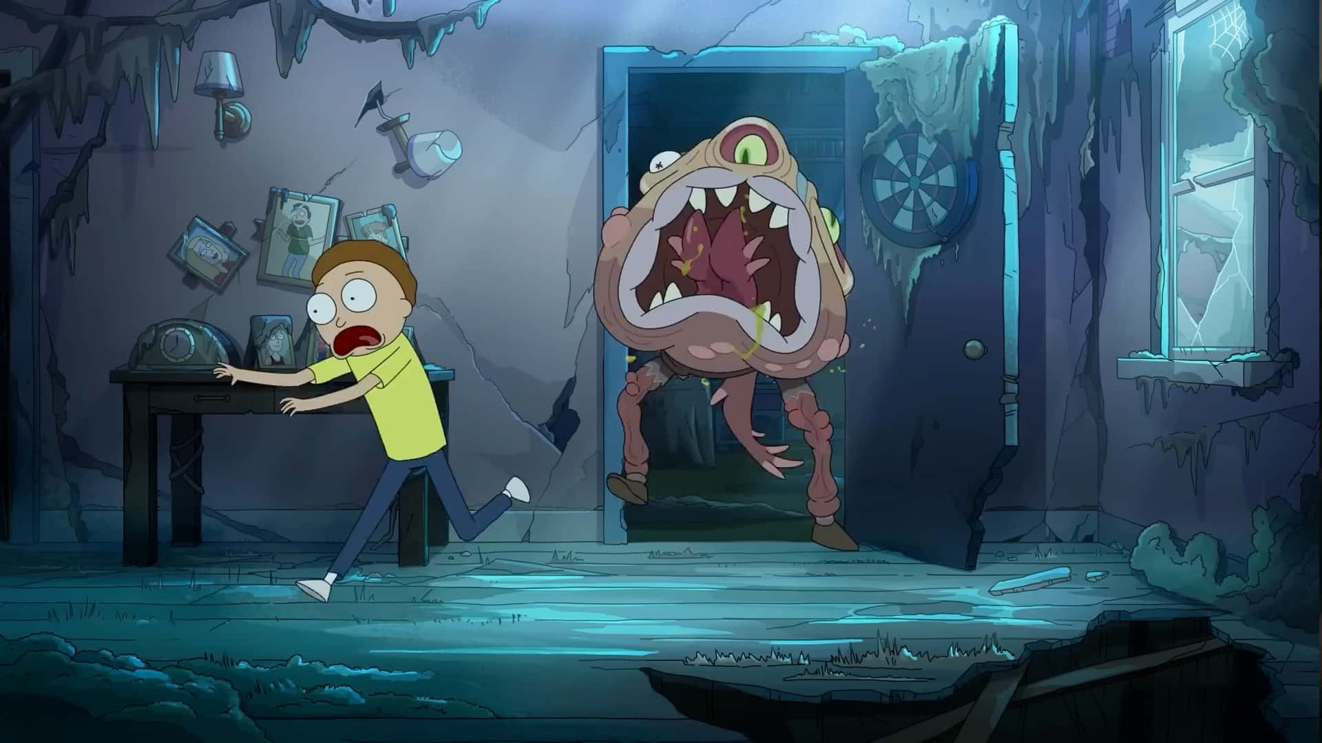 Rick And Morty Macbook Chased By Monster Background