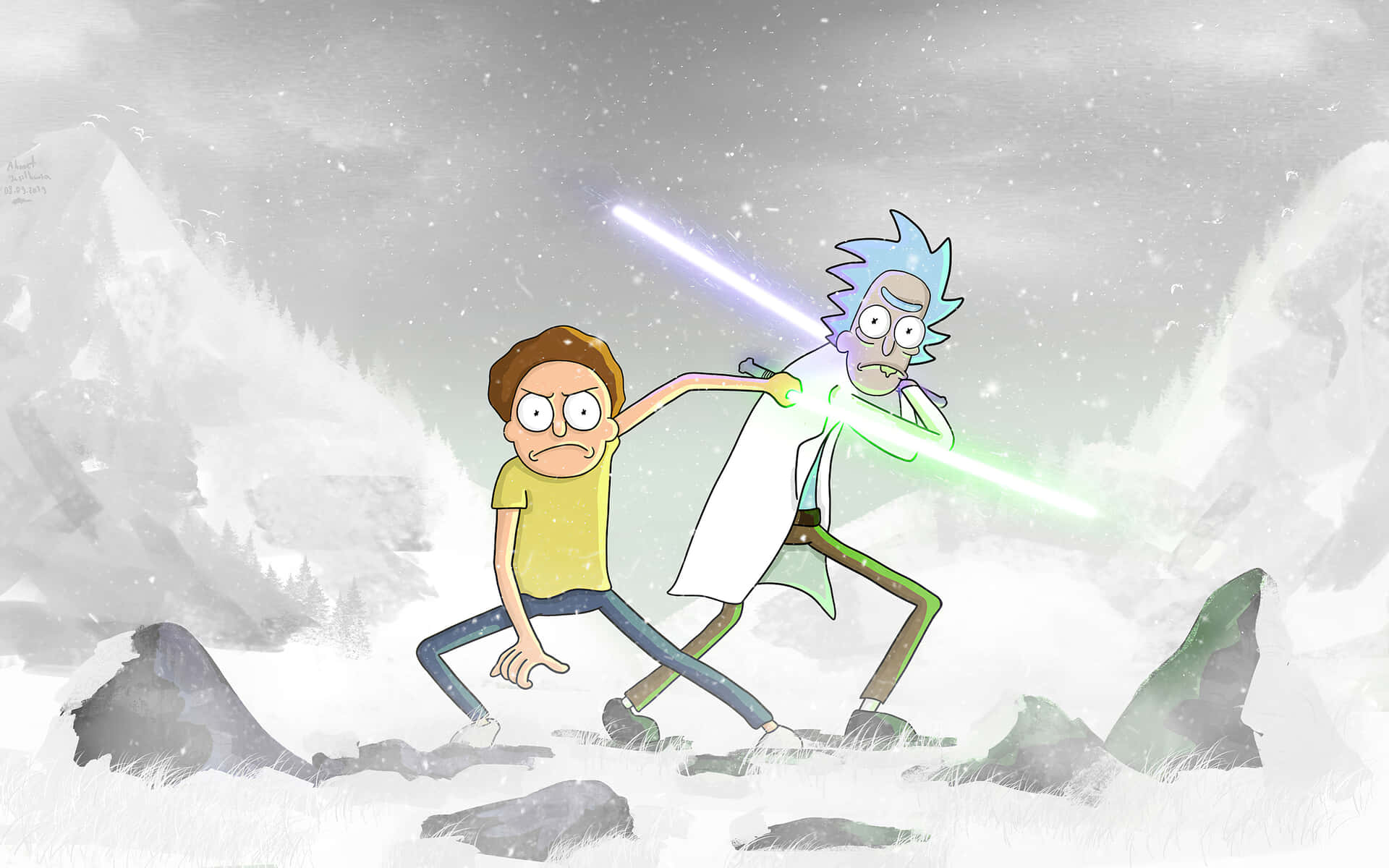 Rick And Morty Macbook Holding Lightsabers Snow Background