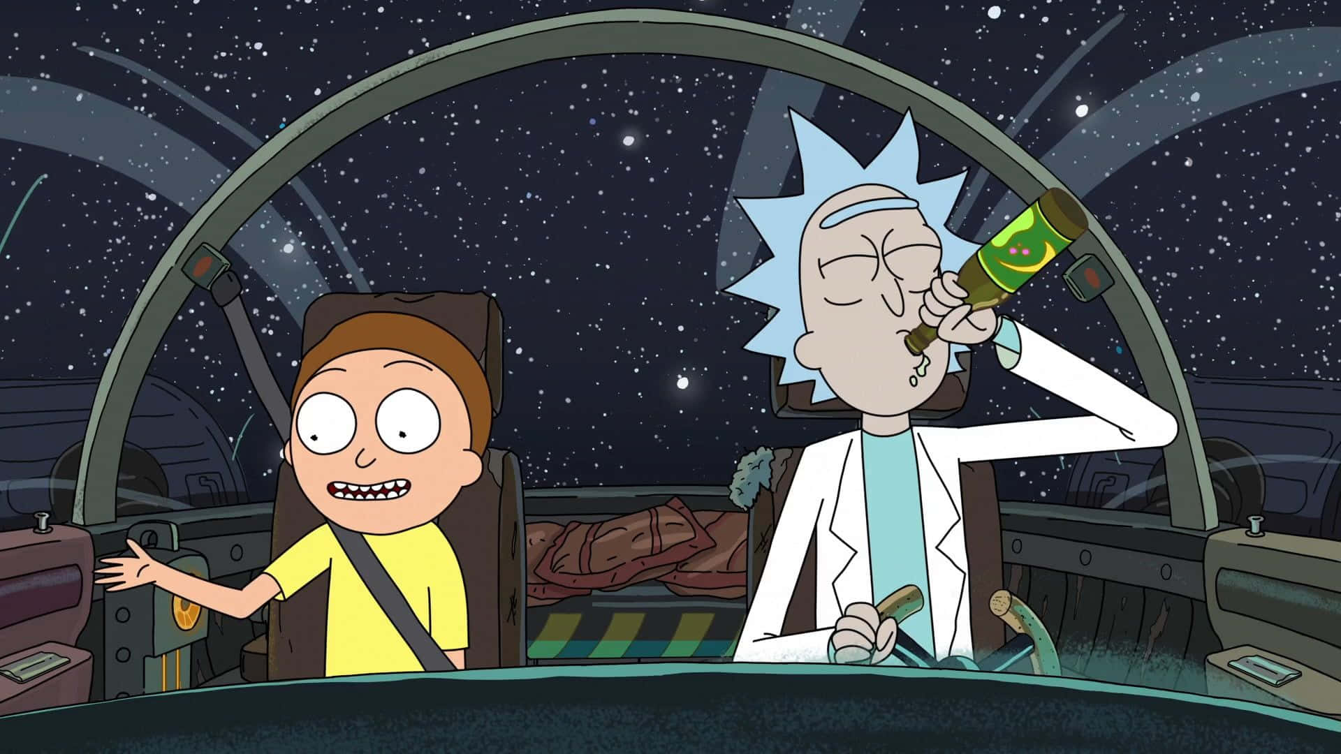 Rick And Morty Macbook Inside Spaceship Drinking Background