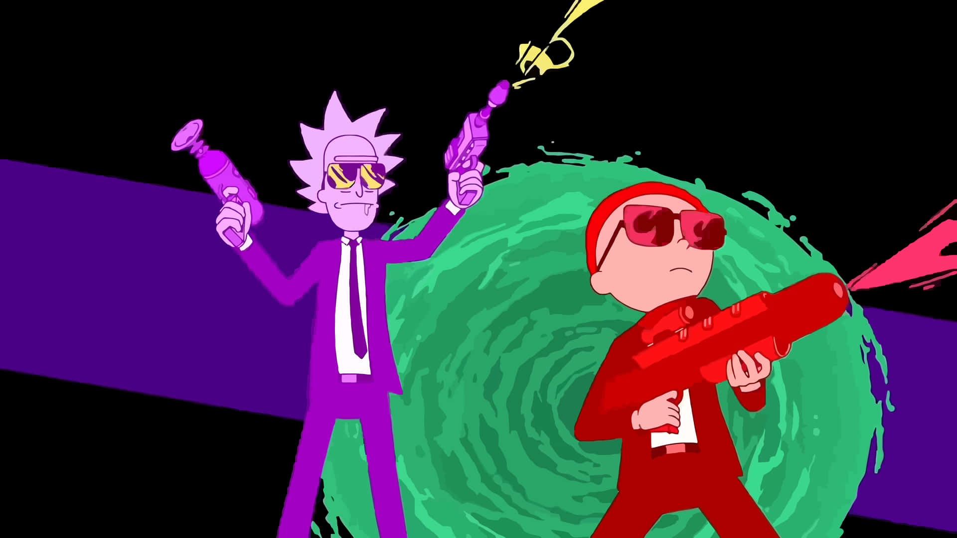 Rick And Morty Macbook Purple Red Guns Background