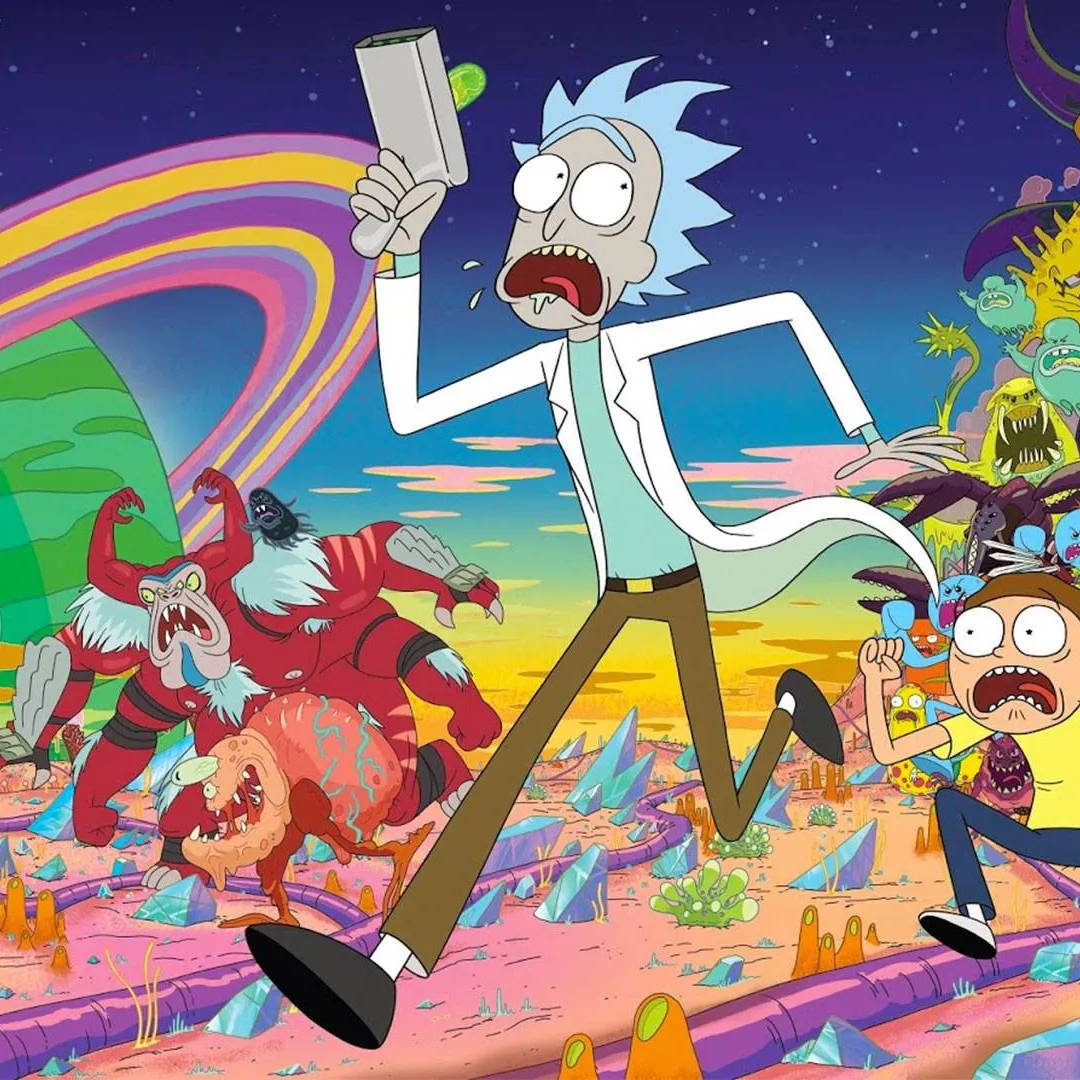 Rick And Morty Running From Aliens Background