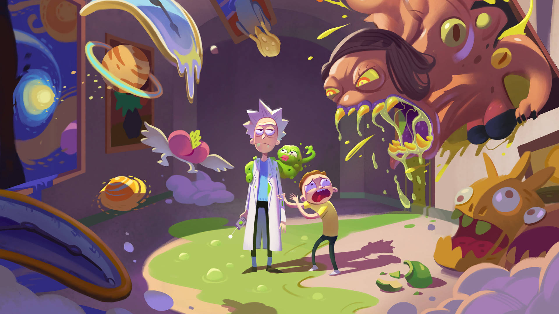 Rick And Morty Stoner Duo Surrounded By Monsters Background