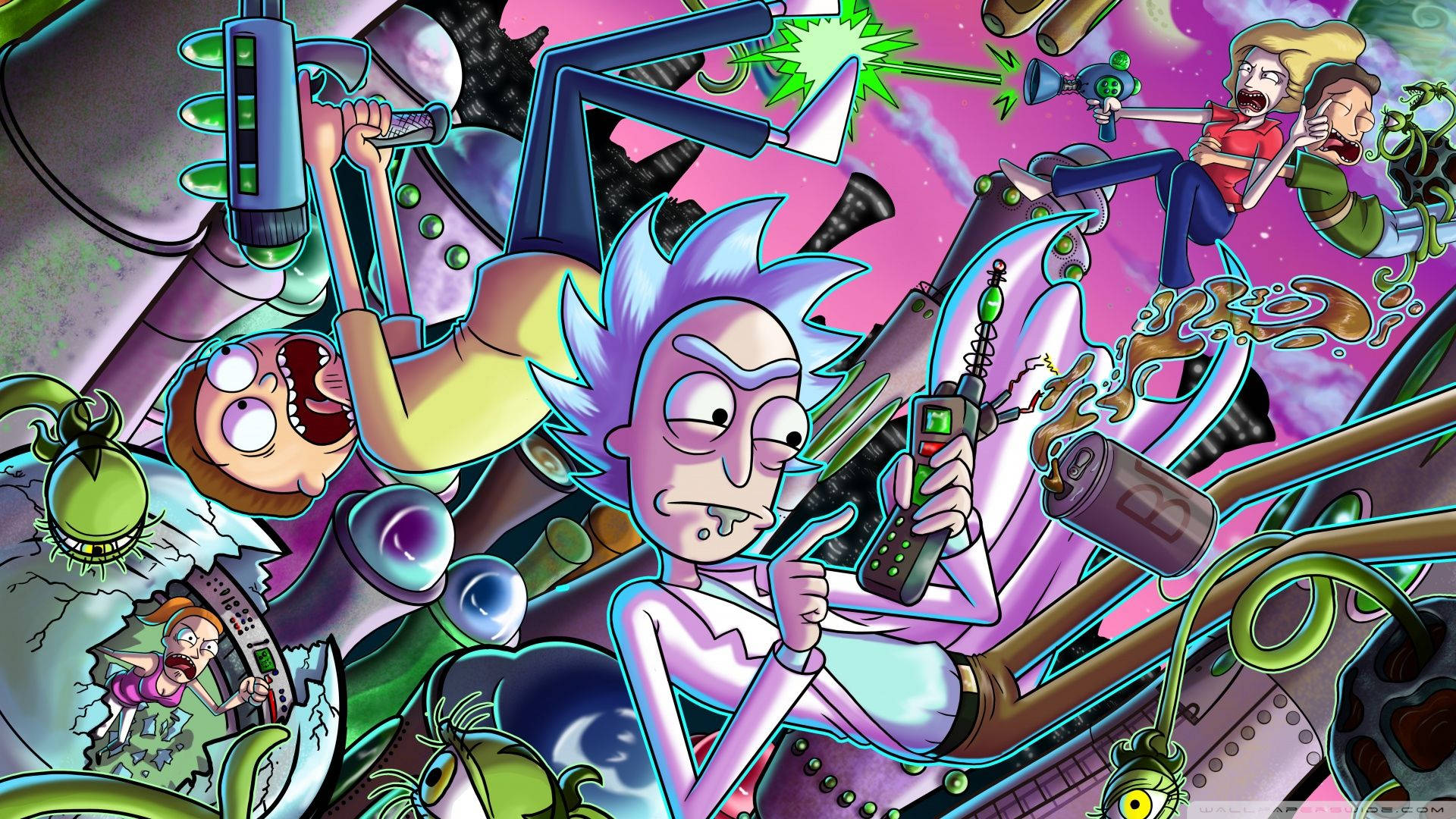 Rick And Morty Stoner Falling Amidst Chaos Background